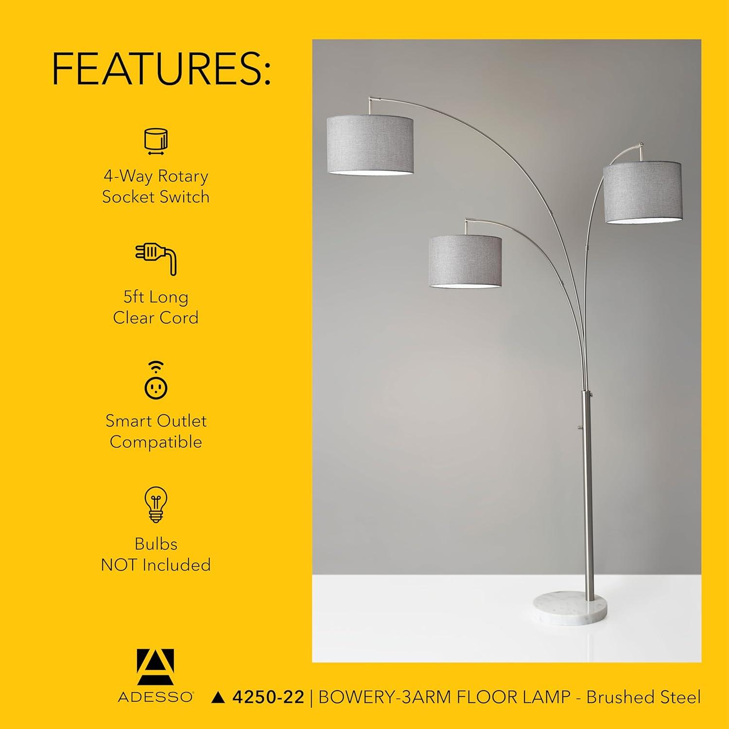 3-Arm Bowery Arc Lamp Brushed Steel - Adesso: Adjustable, Overhead Lighting with Marble Base