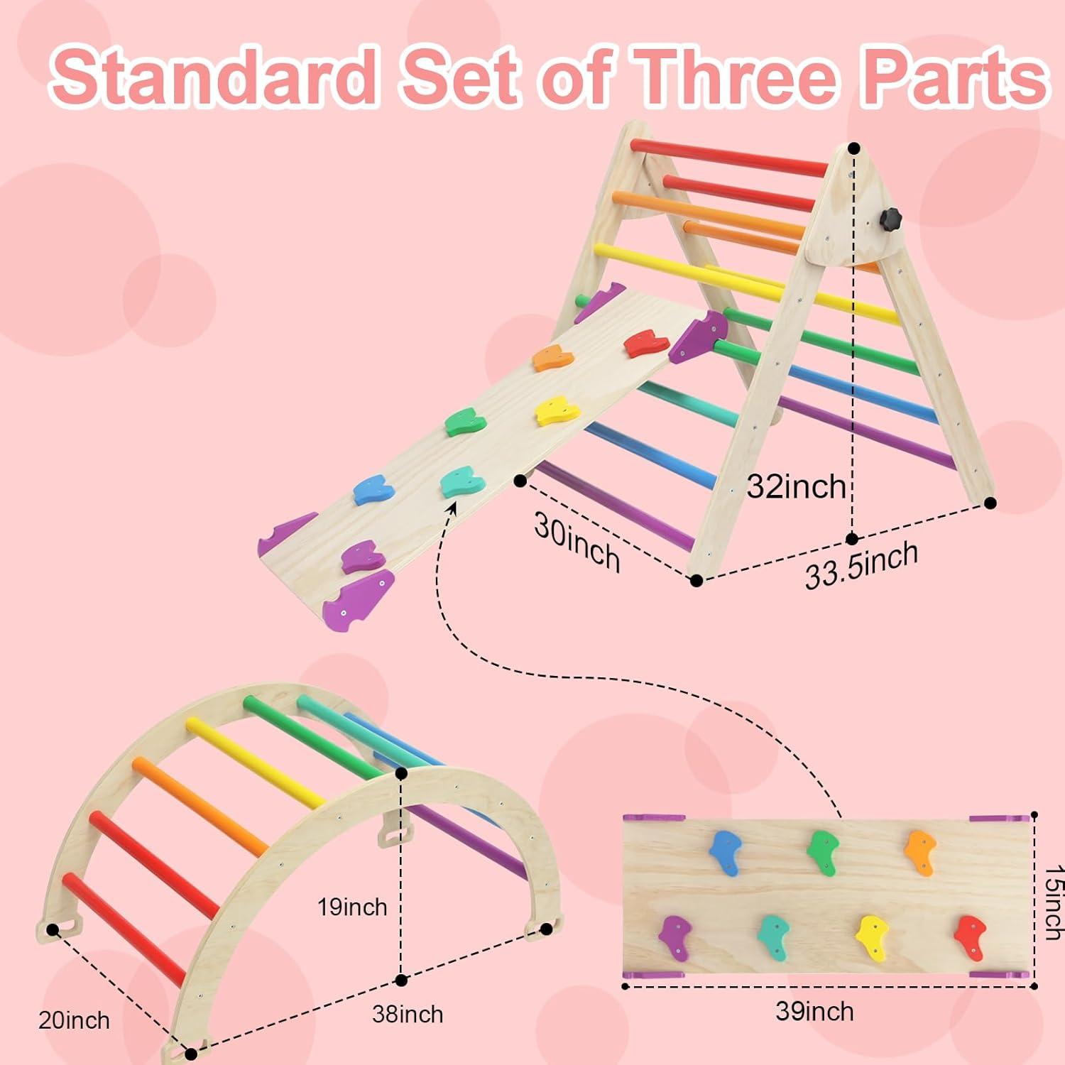 Pikler Triangle Set, 5 in 1 Toddler Climbing Toys Indoor Playground, Ramp, and Arch, Montessori Climbing Set with Triangle, Medium Size Wooden Climbing Gym for Toddlers 1-3 Years, Colorful
