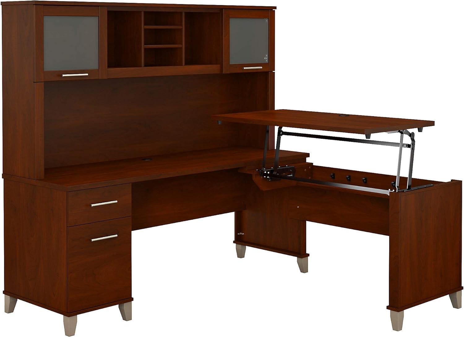 Hansen Cherry L-Shaped Sit to Stand Desk with Hutch and Drawers