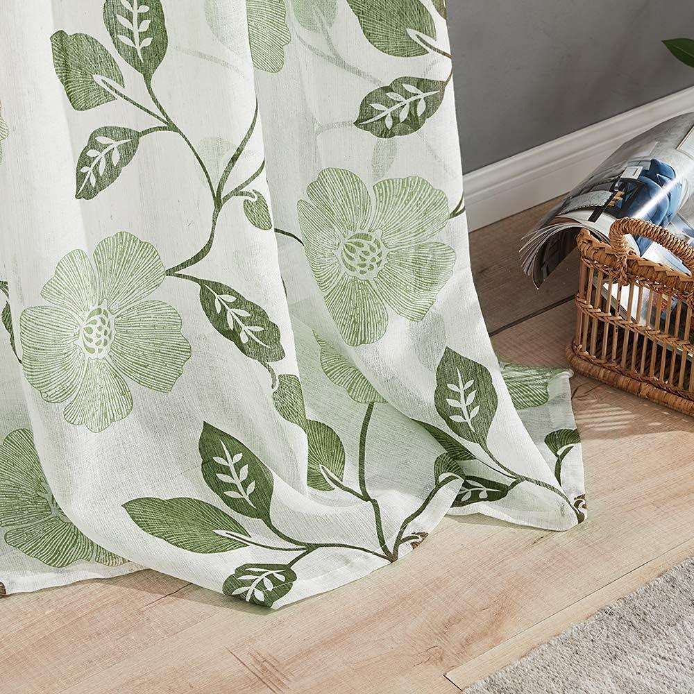 Olive Floral Sheer Polyester Linen Rod Pocket Curtains