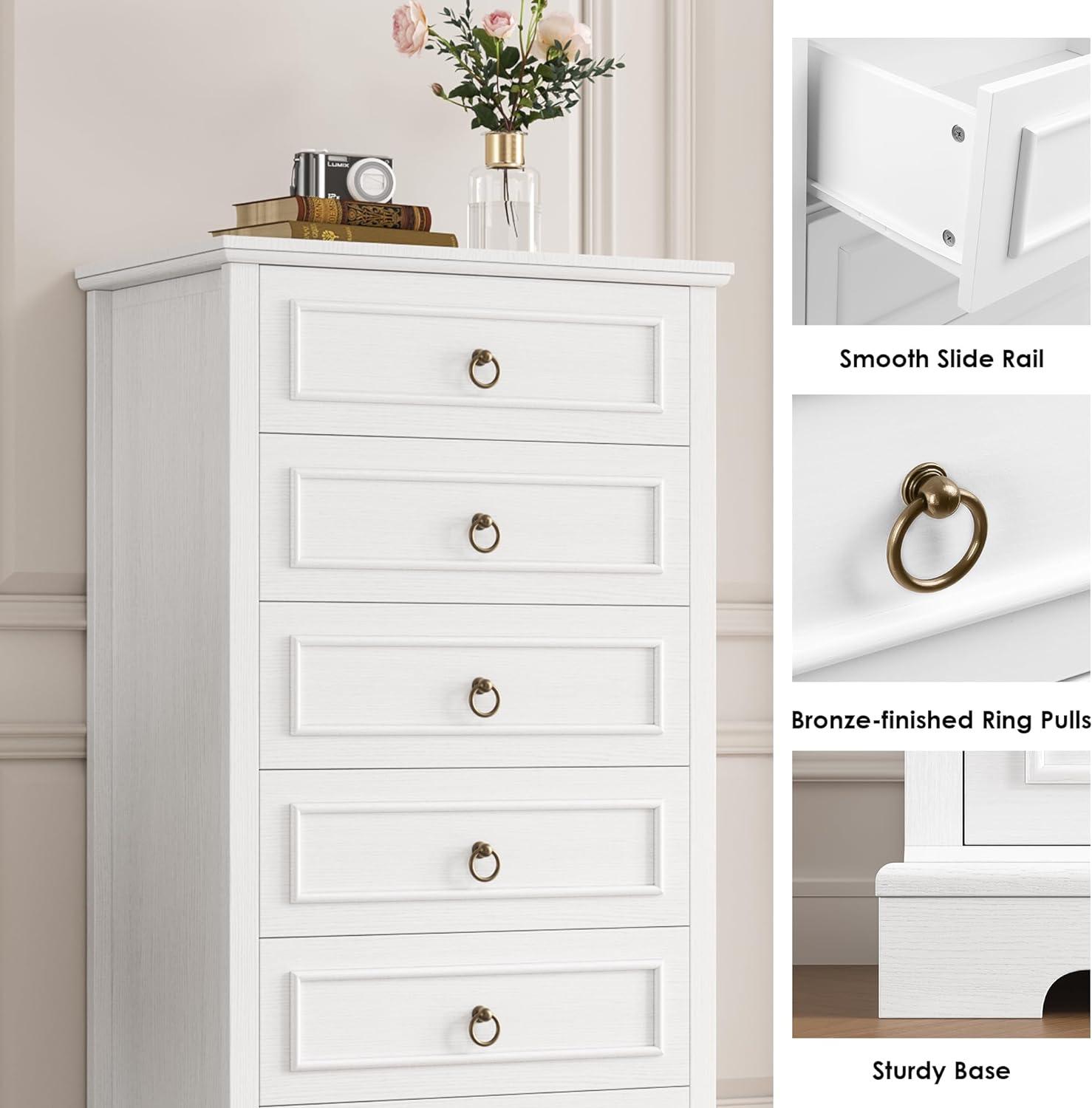 6 Drawer Dresser, 52" Tall Chest of Drawers, Modern Farmhouse Storage Dressers Organizer for Living Room, Hallway, Entryway, Home Office, White