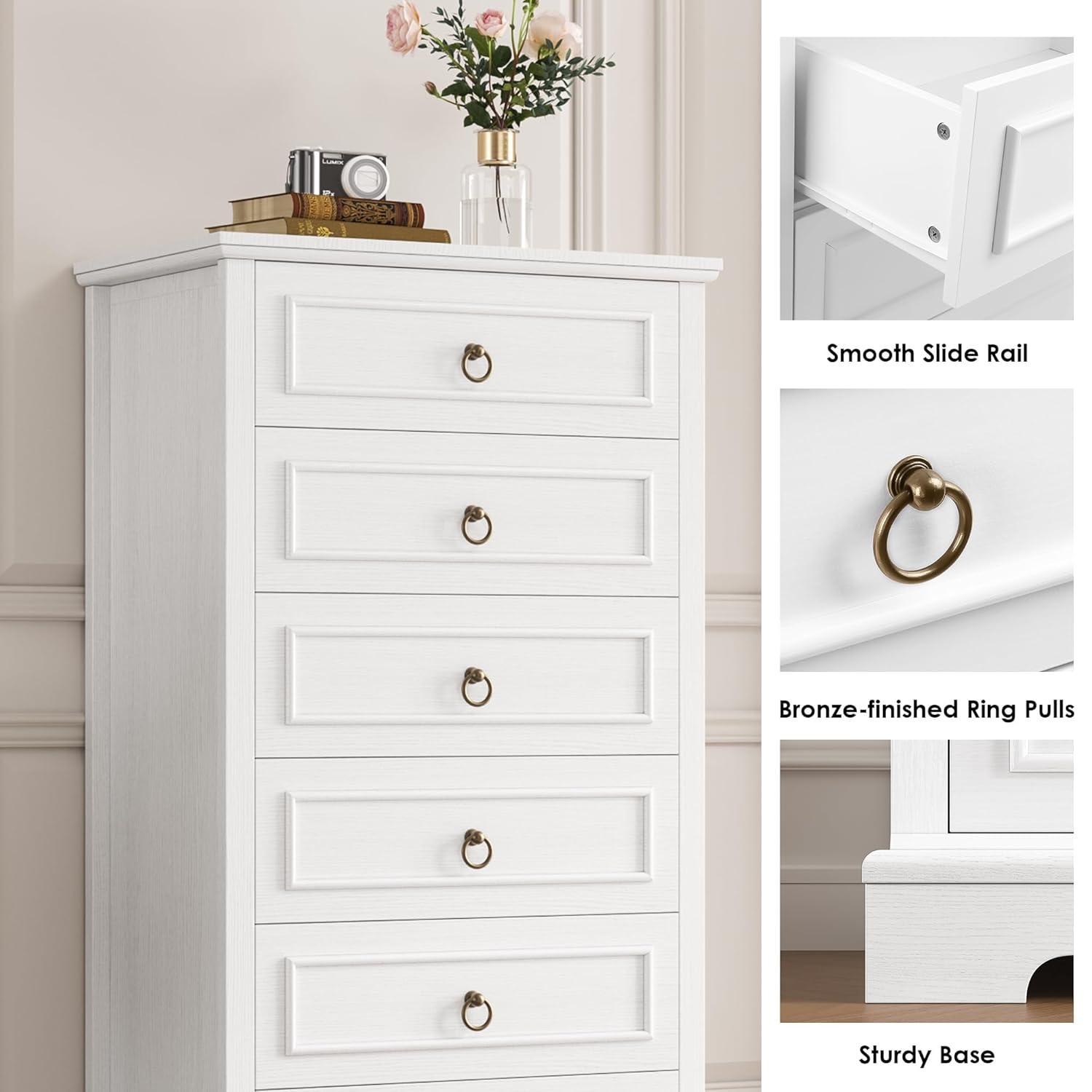 6 Drawer Dresser, 52" Tall Chest of Drawers, Modern Farmhouse Storage Dressers Organizer for Living Room, Hallway, Entryway, Home Office, White