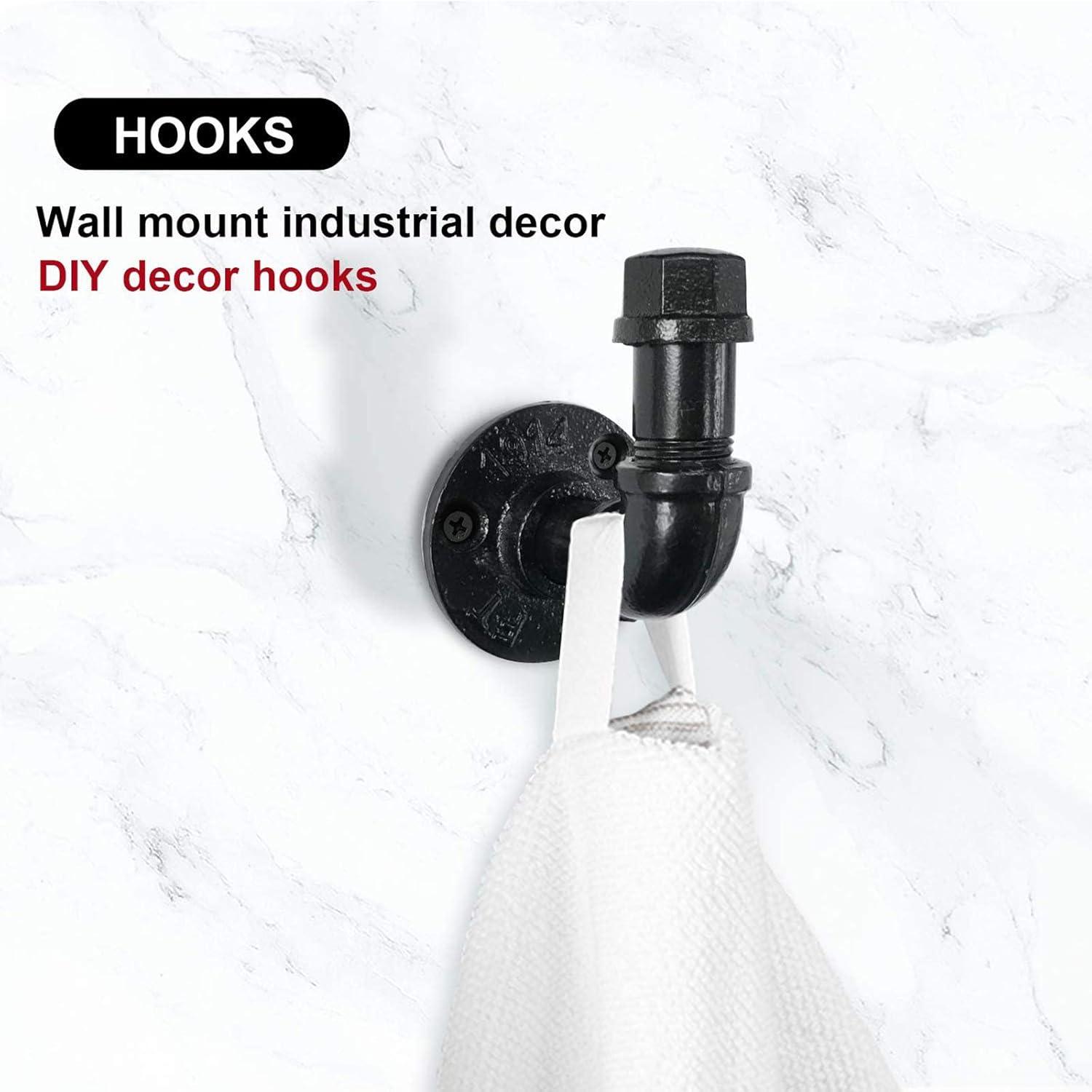 gotonovo Rustic Industrial Towel and Robe Hook Set Wall Mounted Towel Hook Kit Heavy Duty DIY Style Industrial Iron Pipe Black Finish 2 Pieces