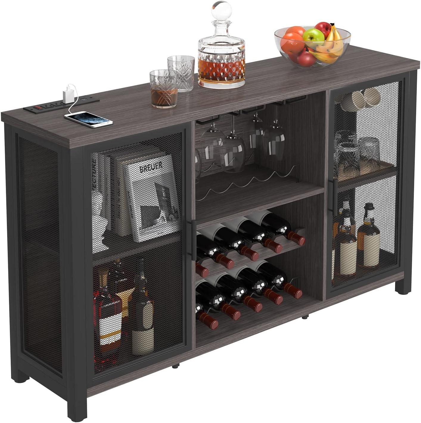 VEVOR 55'' Gray MDF Industrial Bar Cabinet with Wine Rack