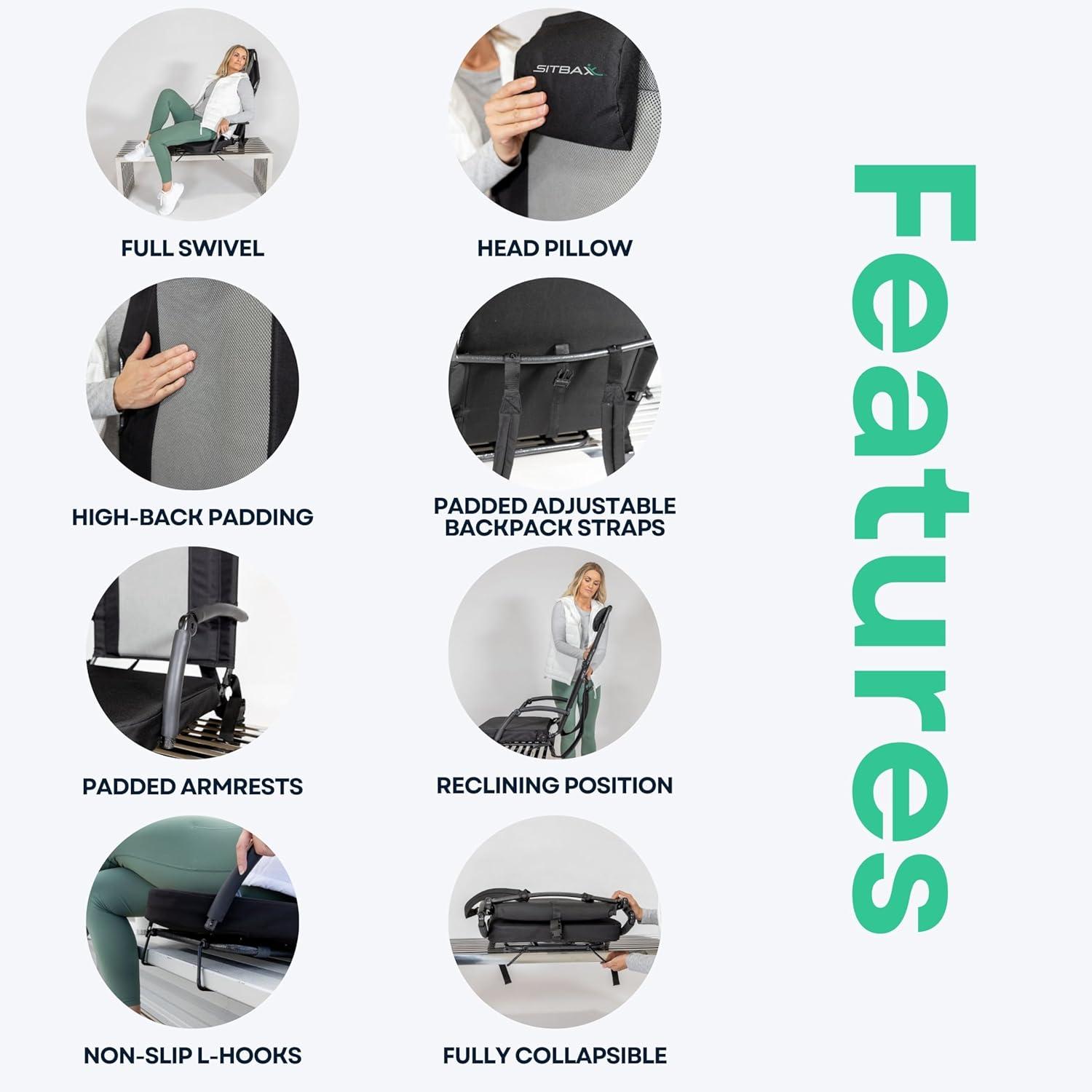 Sitbax SitBax Black Padded Bleacher Seat – The Ultimate Reclining Stadium Chair with Full Back & Neck Support and 360° Swivel – Lightweight, Foldable, and Portable with Backpack Straps - Patent Pending