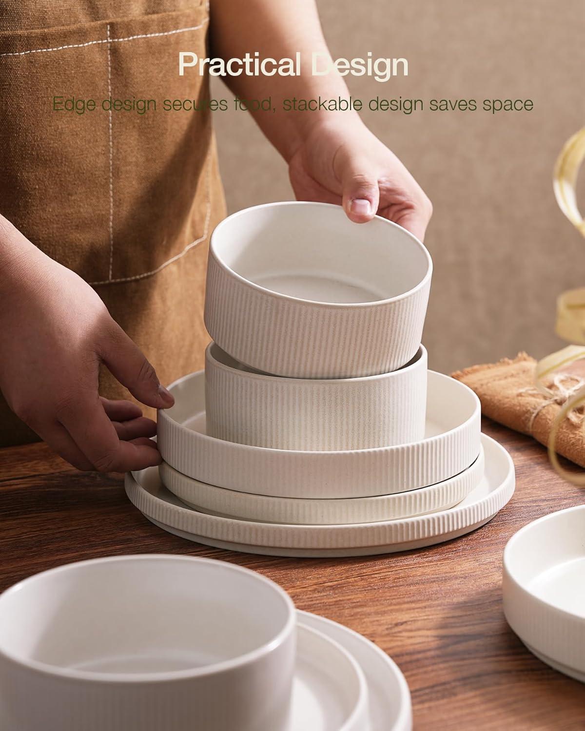 Famiware Star Stoneware Dinnerware Sets, Plates and Bowls Set for 4, 12 Piece Dish Set, Matte White