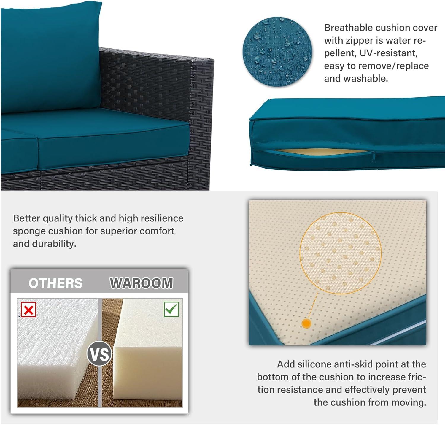 WAROOM Outdoor PE Wicker Patio Furniture Set 4 Piece Black Rattan Sectional Sofa Loveseat Couch Conversation Set with Storage Box Glass Top Table and Anti-Slip Peacock Blue Cushion