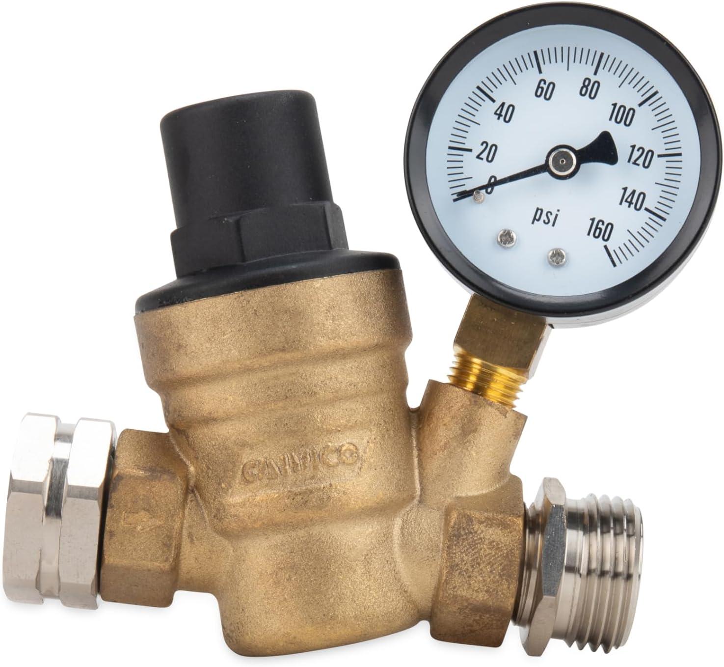 Camco RV Adjustable Brass Water Pressure Regulator - 45-PSI Factory Pre-set (40058)
