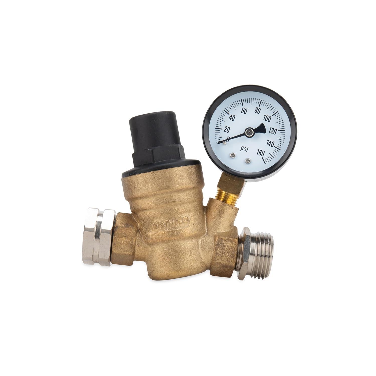 Camco RV Adjustable Brass Water Pressure Regulator - 45-PSI Factory Pre-set (40058)