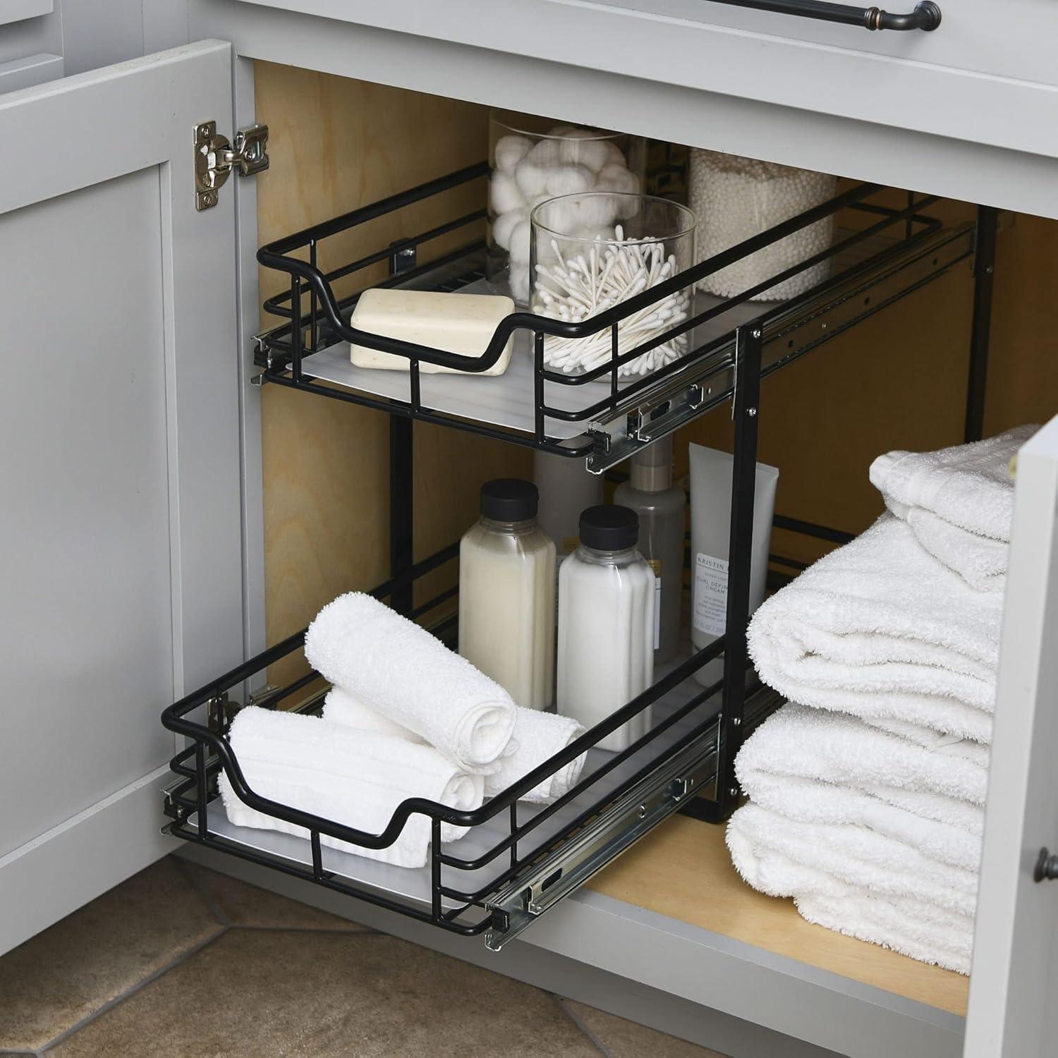 Glidez Multipurpose Paint-Finished Steel Pull-Out/Slide-Out Storage Organizer with Plastic Liners - 2-Tier Dual-Slide Design - Black