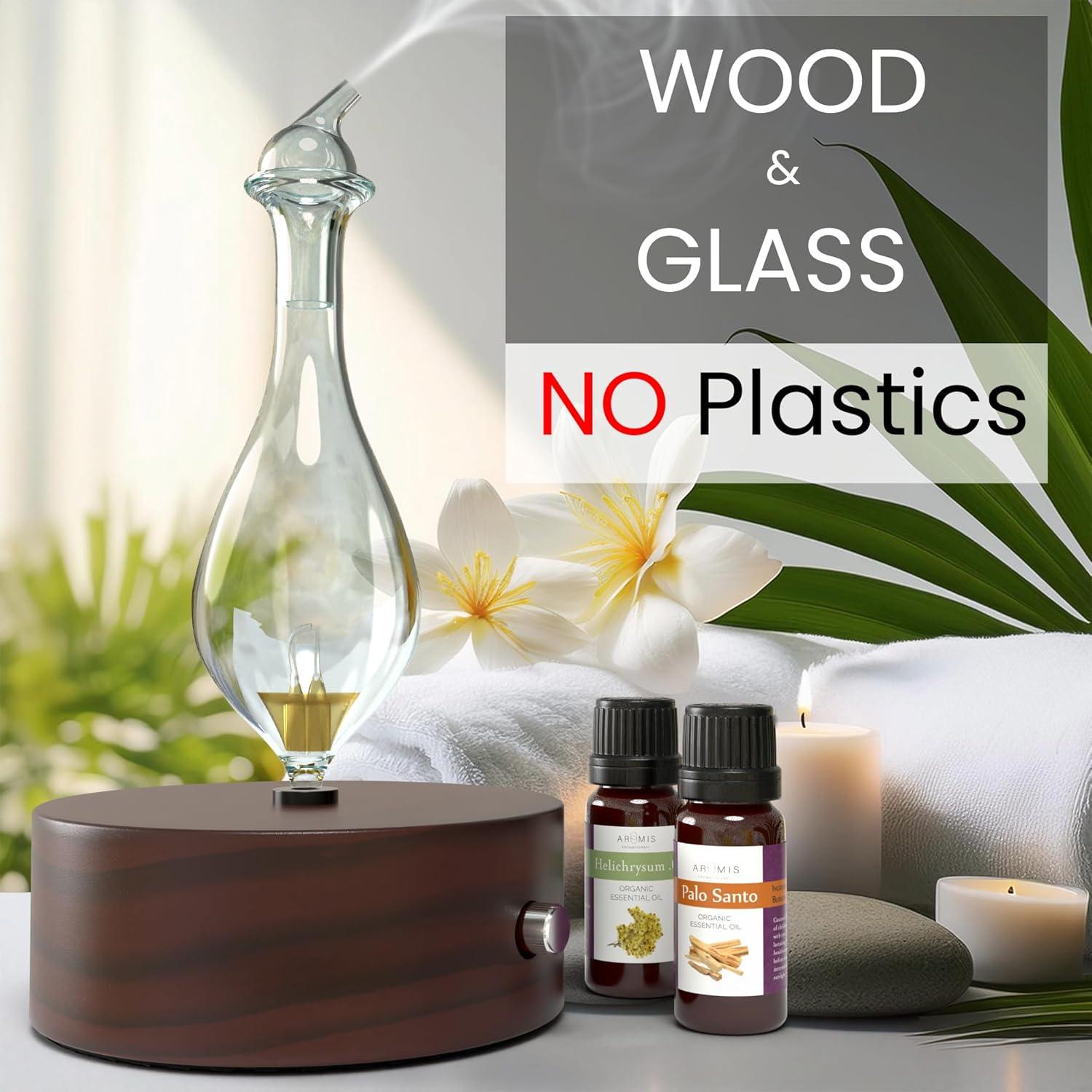 ArOmis Premium Glass Essential Oils Nebulizer - Waterless Diffuser for Aromatherapy - Handmade Oil Diffuser, Wooden Base, No Plastic, No Heat, No Battery, No LEDs - Solum Lux Merus