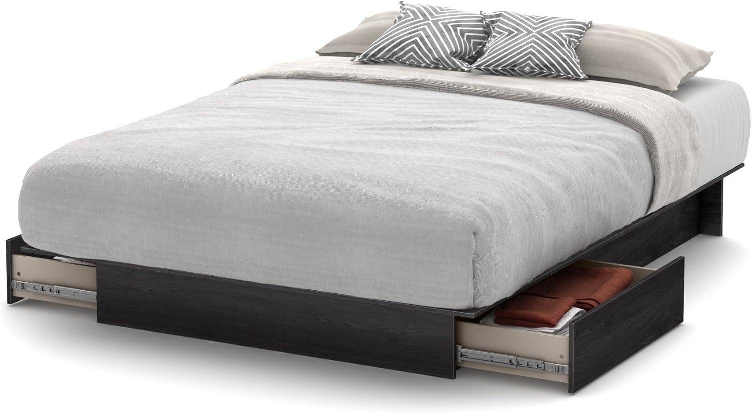 Queen-Sized Oak Wood Frame Platform Bed with Upholstered Storage Drawers