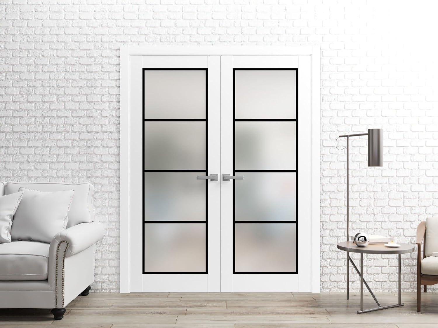 White Silk 60 x 96 Inch French Double Doors with Frosted Glass