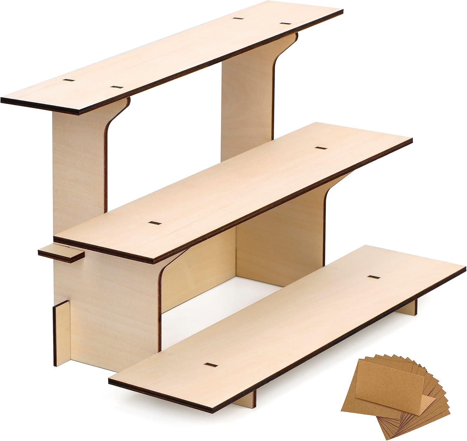 Natural Wood 3-Tier Rectangular Display Stand with Price Cards