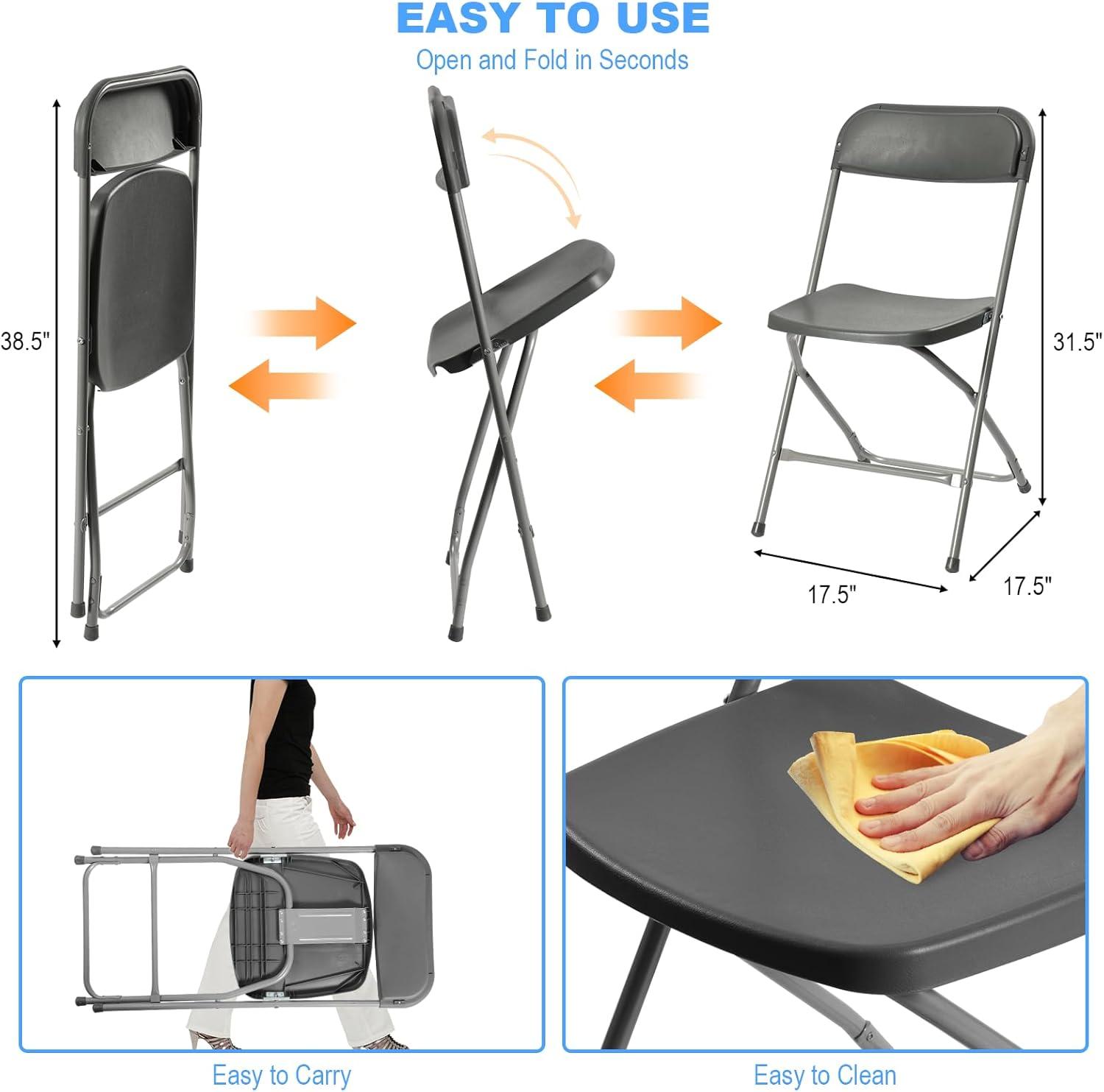 GARTOOO 10 Pack Plastic Folding Chair, Stackable Steel Frame Chairs,Portable Commercial Chair for Home, Office, Wedding, 550lbs Weight Capacity