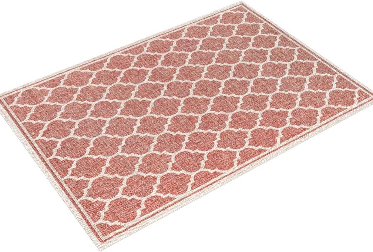 5'x8' Trebol Moroccan Trellis Textured Weave Indoor/Outdoor Area Rug, Red/Beige - JONATHAN Y