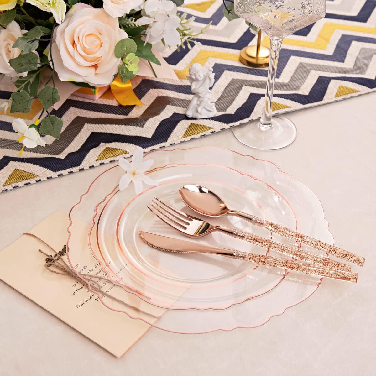 150PCS Rose Gold Plastic Plates - Clear Rose Gold Disposable Plates with Glitter Bamboo Handle Cutlery - 60 Baroque Elegant Plates, 30 Forks, 30 Spoons, 30 Knives for Wedding & party