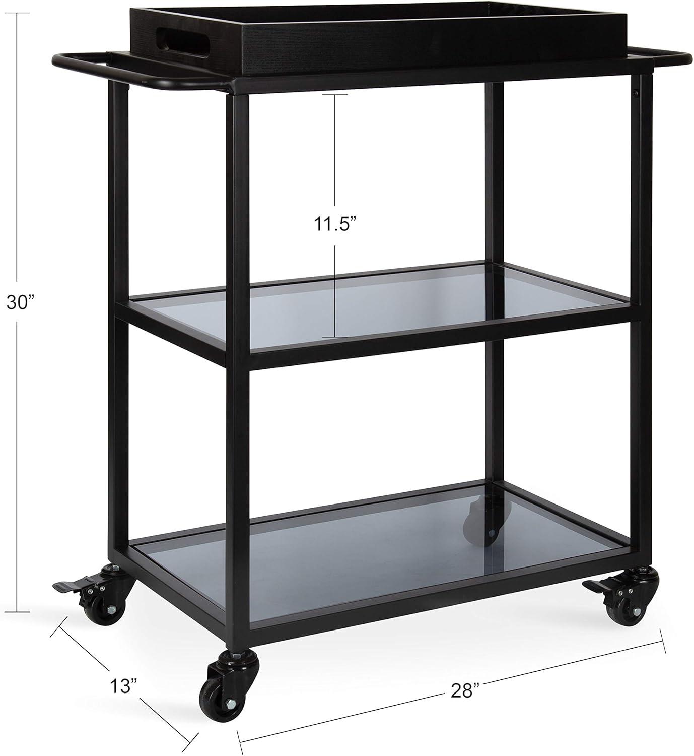 Black Metal Bar Cart with Glass Shelves and Tray