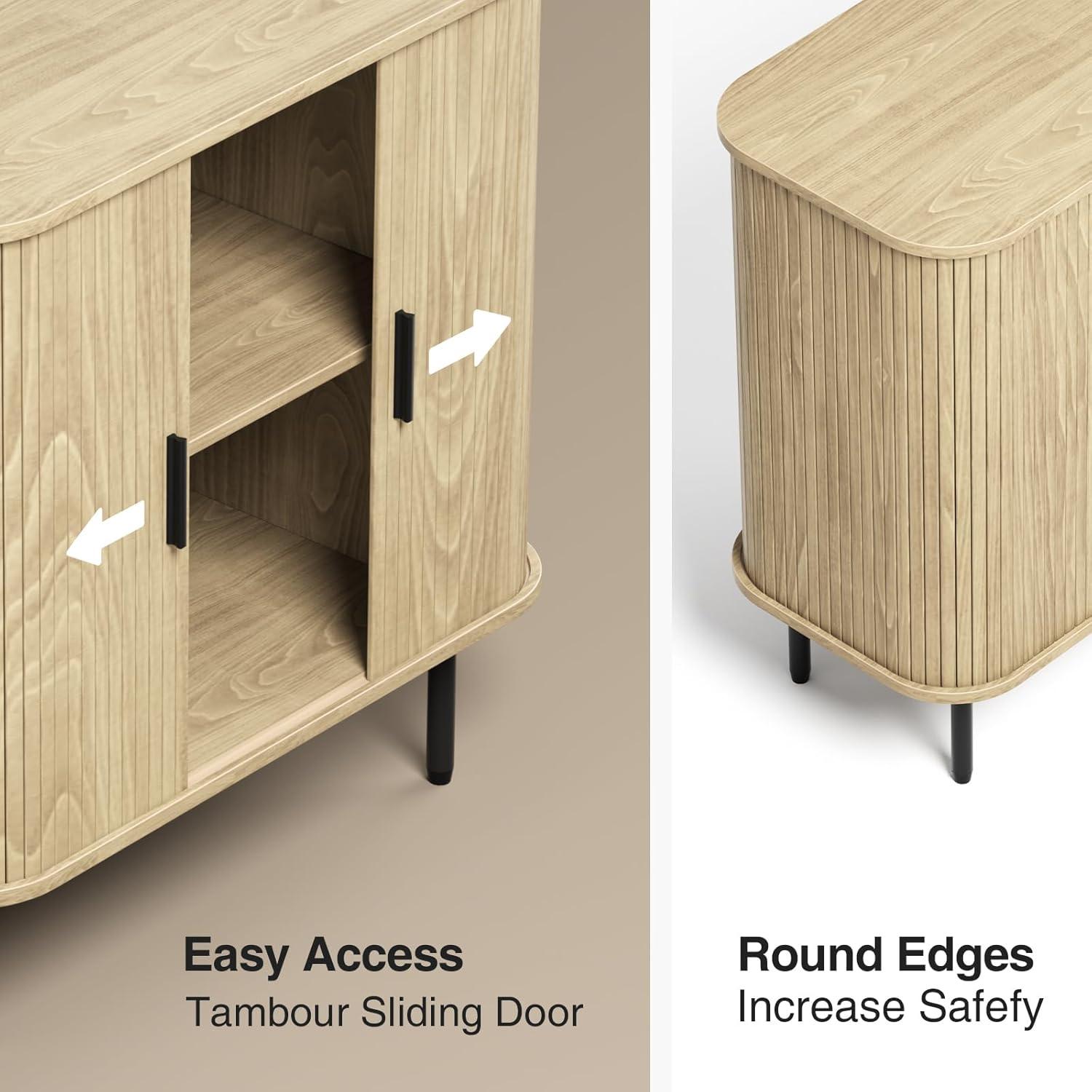 31''W Natural Buffet Sideboard Cabinet with Storage, Fluted Storage Cabinet with Curvy Edge; Sliding Door, Freestanding Accent Credenza, Console Table for Living Room, Kitchen, Hallway