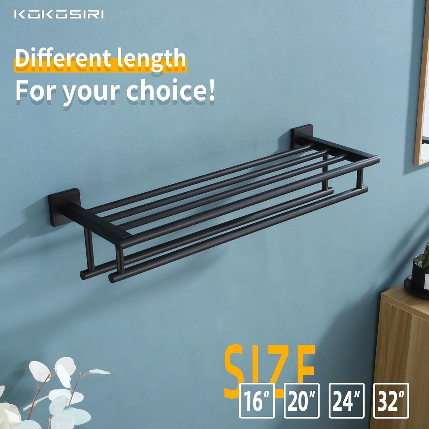 KOKOSIRI Bath Towel Rack with Double Towel Bars Bathroom Towel Shelf 24 Inch Towel Holder Wall Mounted Stainless Steel, Matte Black, B6005BK-L24