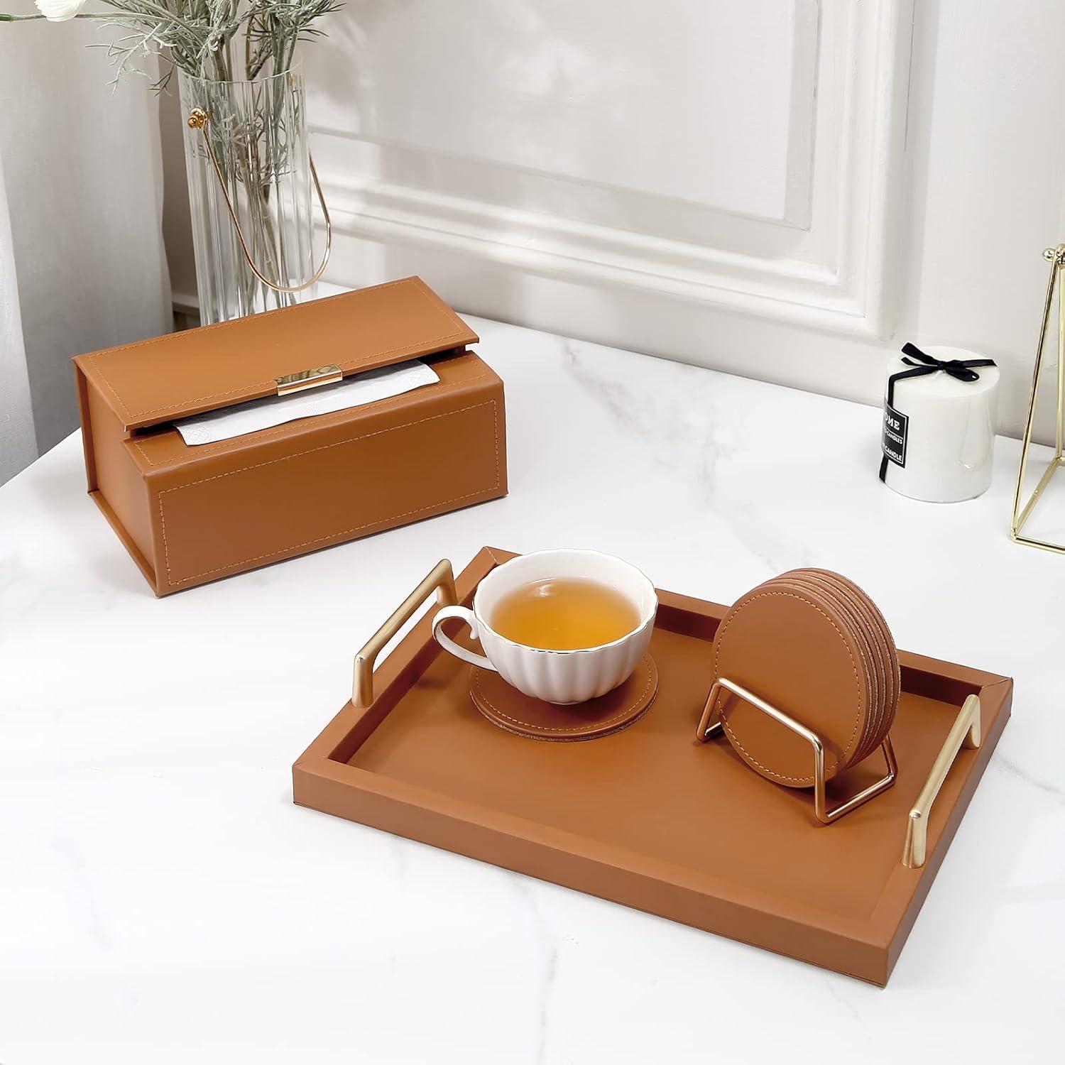 Brown Faux Leather Coaster Set with Gold Metal Holder