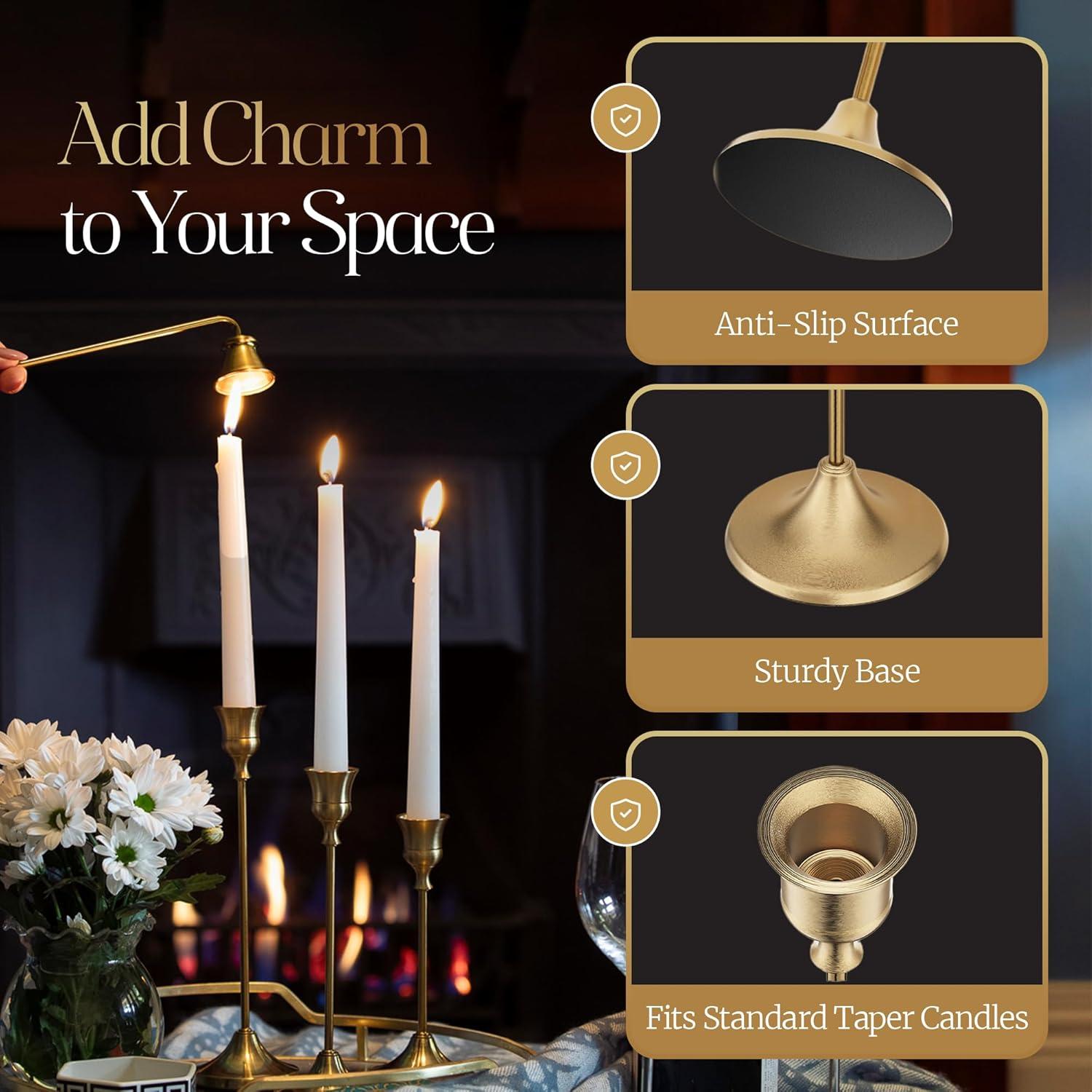 Candleholders For Taper Candlesticks Plus Candle Snuffer – Dining Table Décor Centrepiece - Brass Candelabra Candlestick Holder -  Décor For Home Weddings Celebrations Events (Set Of 6 Pcs)