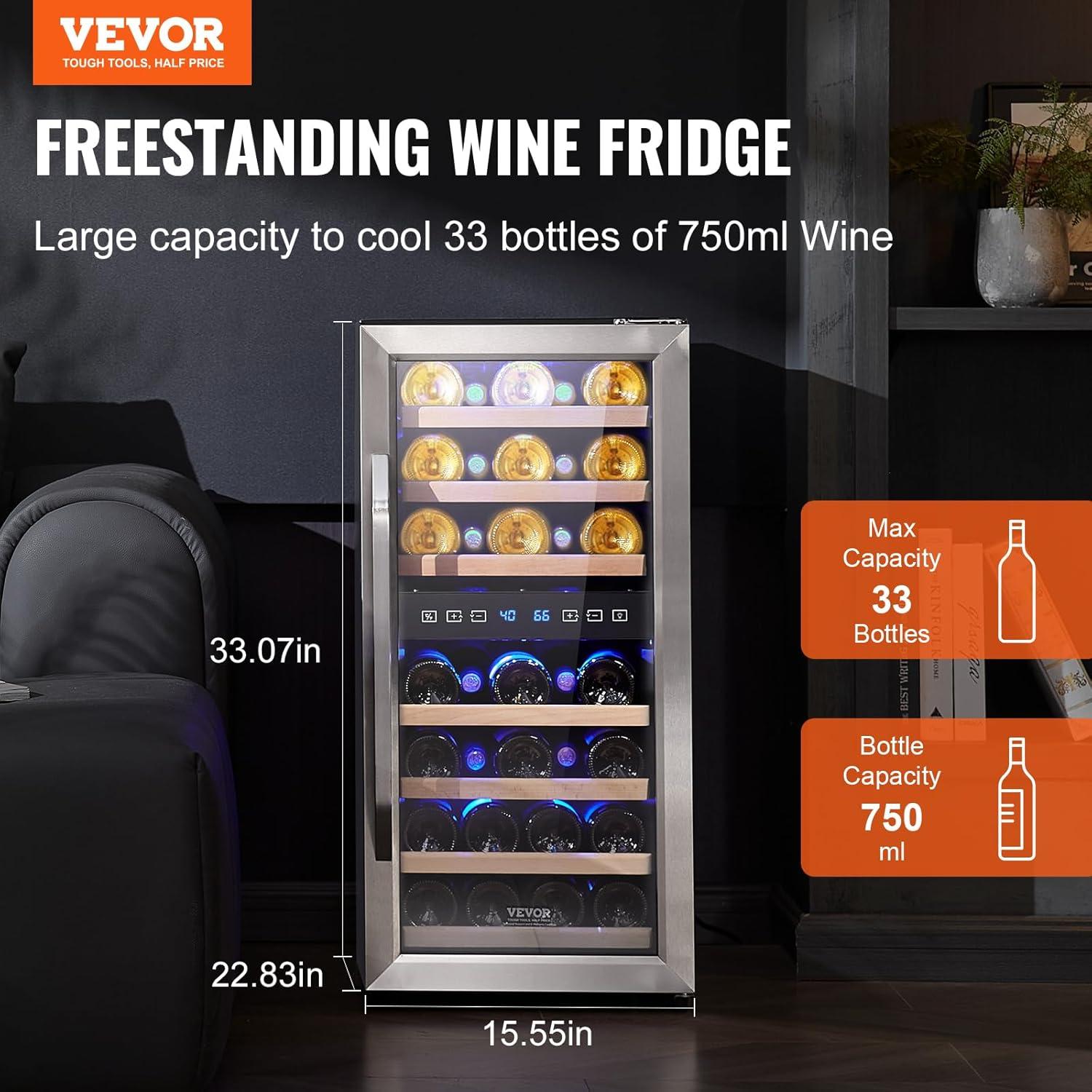 33-Bottle Dual Zone Black Stainless Steel Wine Cooler with LED Lighting