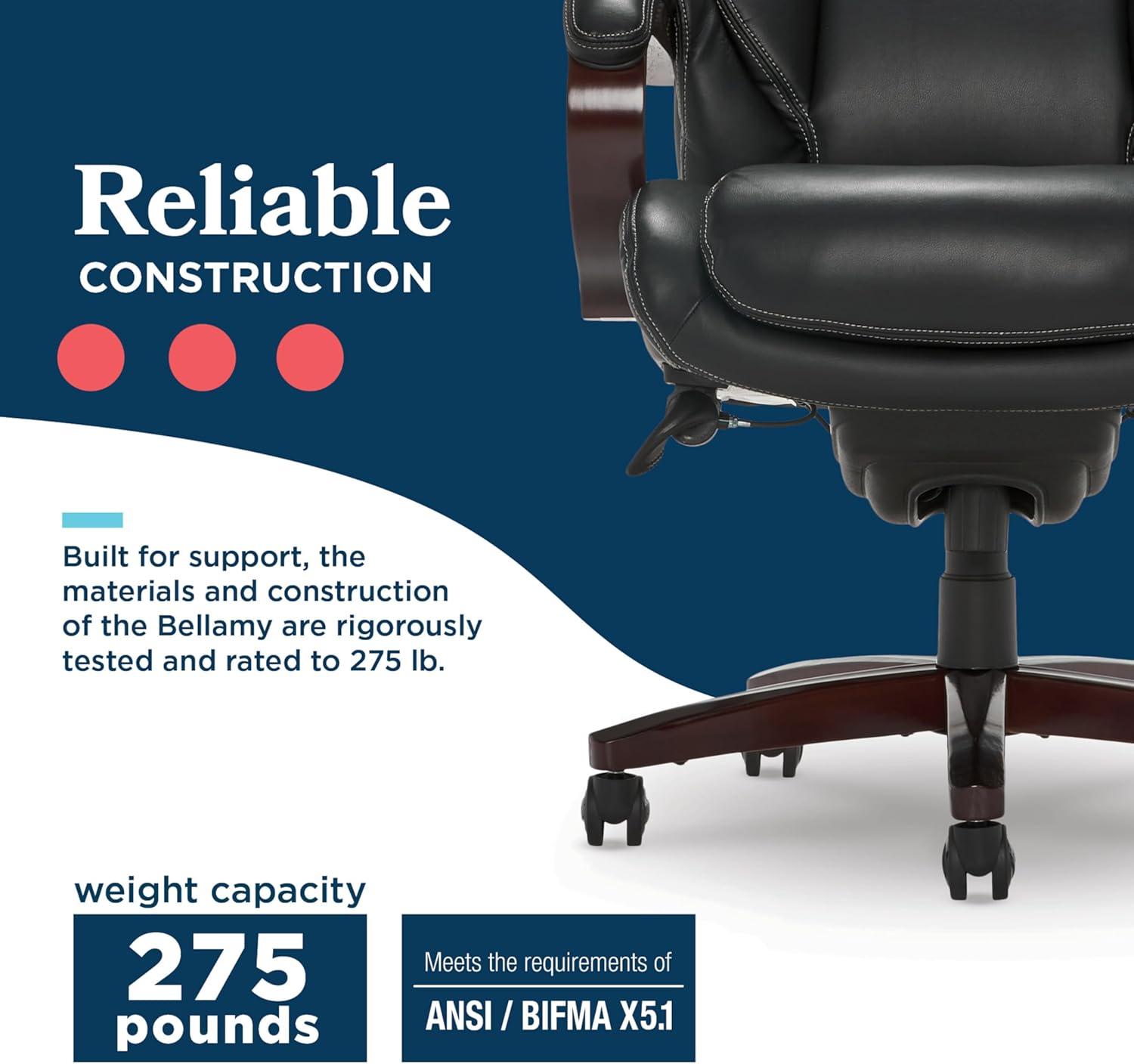 La-Z-Boy La-Z-Boy Bellamy Executive Office Chair with Memory Foam Cushions, Real Wood Arms and Swivel Base, Waterfall Seat Edge, Faux Bonded Leather