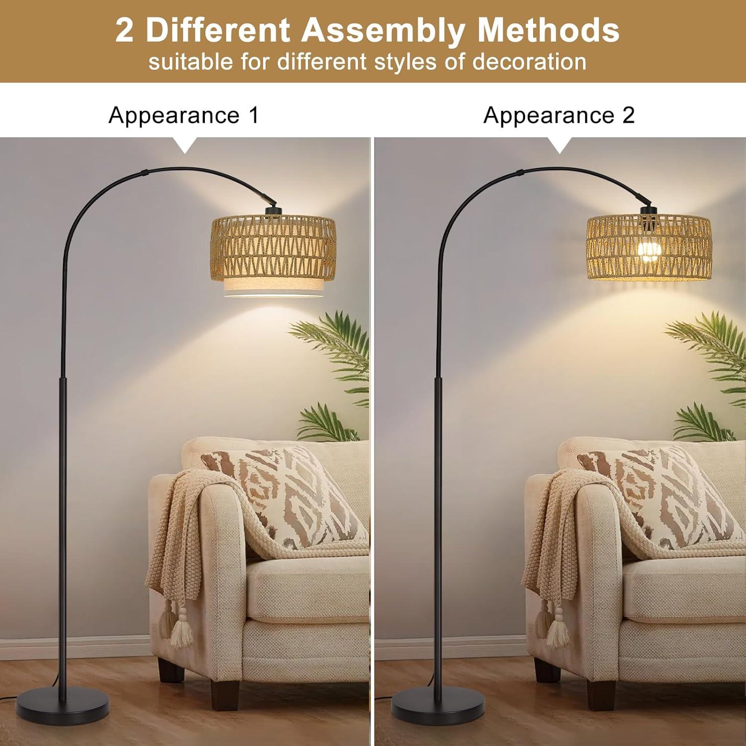 Rattan Floor Lamp, Dimmable Arc Floor Lamps for Living Room, Boho Farmhouse Standing Lamp with Adjustable Head, Tall Pole Lamp Reading Light for Bedroom, Over Couch, Office, 9W LED Bulb Included