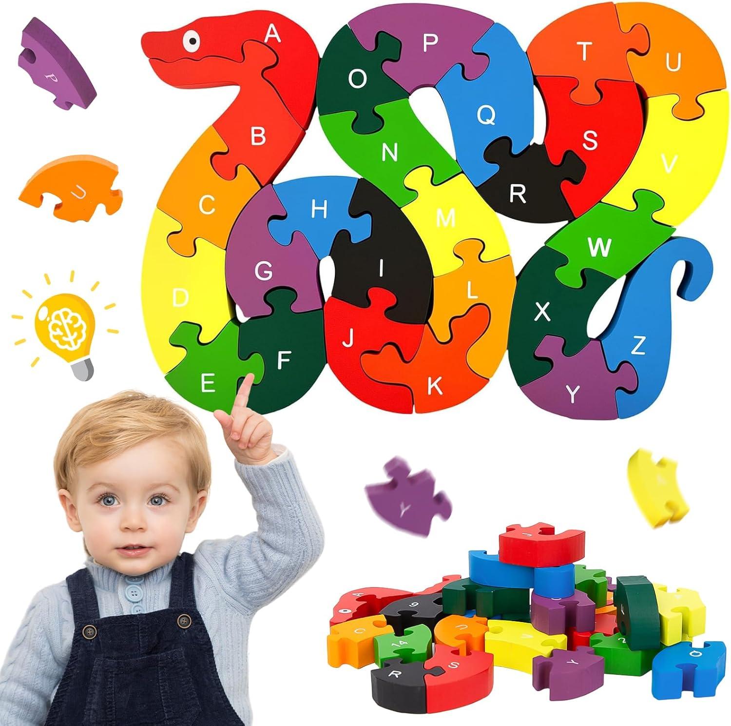 TAZEMAT Alphabet Jigsaw Snake Puzzle Building Blocks Animal Wooden Puzzle Wooden Snake Letters Numbers Block Toys for Children’s Toys