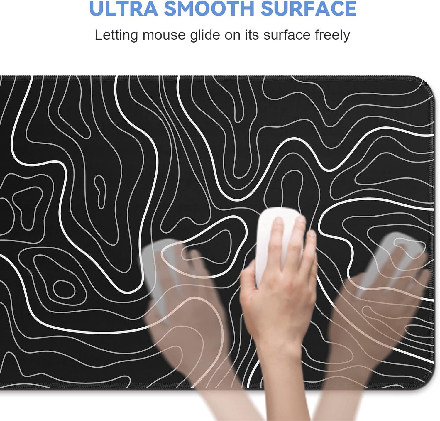 Mouse Pad Gaming Mousepad 31.5 x 11.8in Large Mouse Pad for Keyboard and Mouse with Anti-Slip Rubber Base, Keyboard Pad XL Mouse Mat for Home and Office（Black with White Topographic Line）
