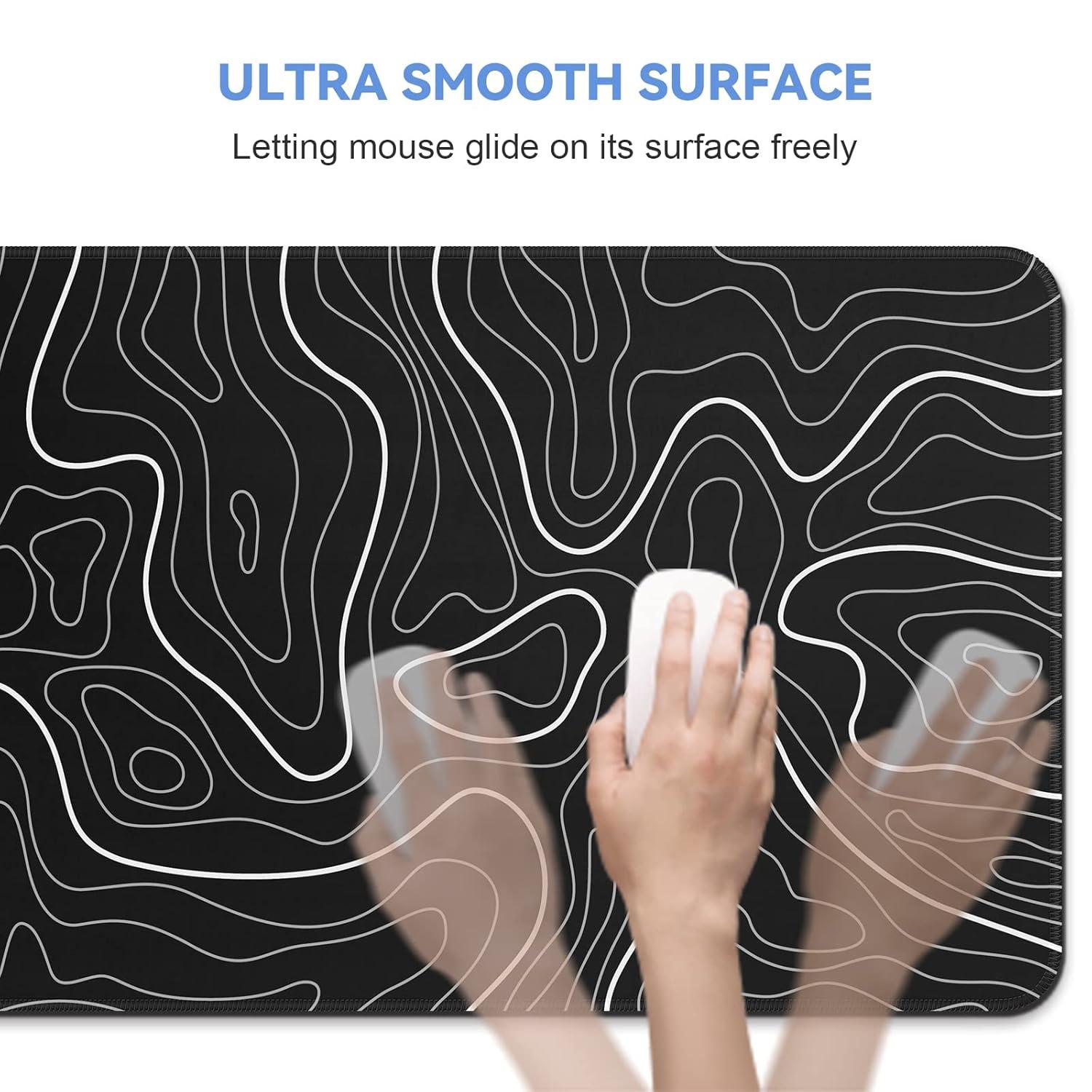 Mouse Pad Gaming Mousepad 31.5 x 11.8in Large Mouse Pad for Keyboard and Mouse with Anti-Slip Rubber Base, Keyboard Pad XL Mouse Mat for Home and Office（Black with White Topographic Line）