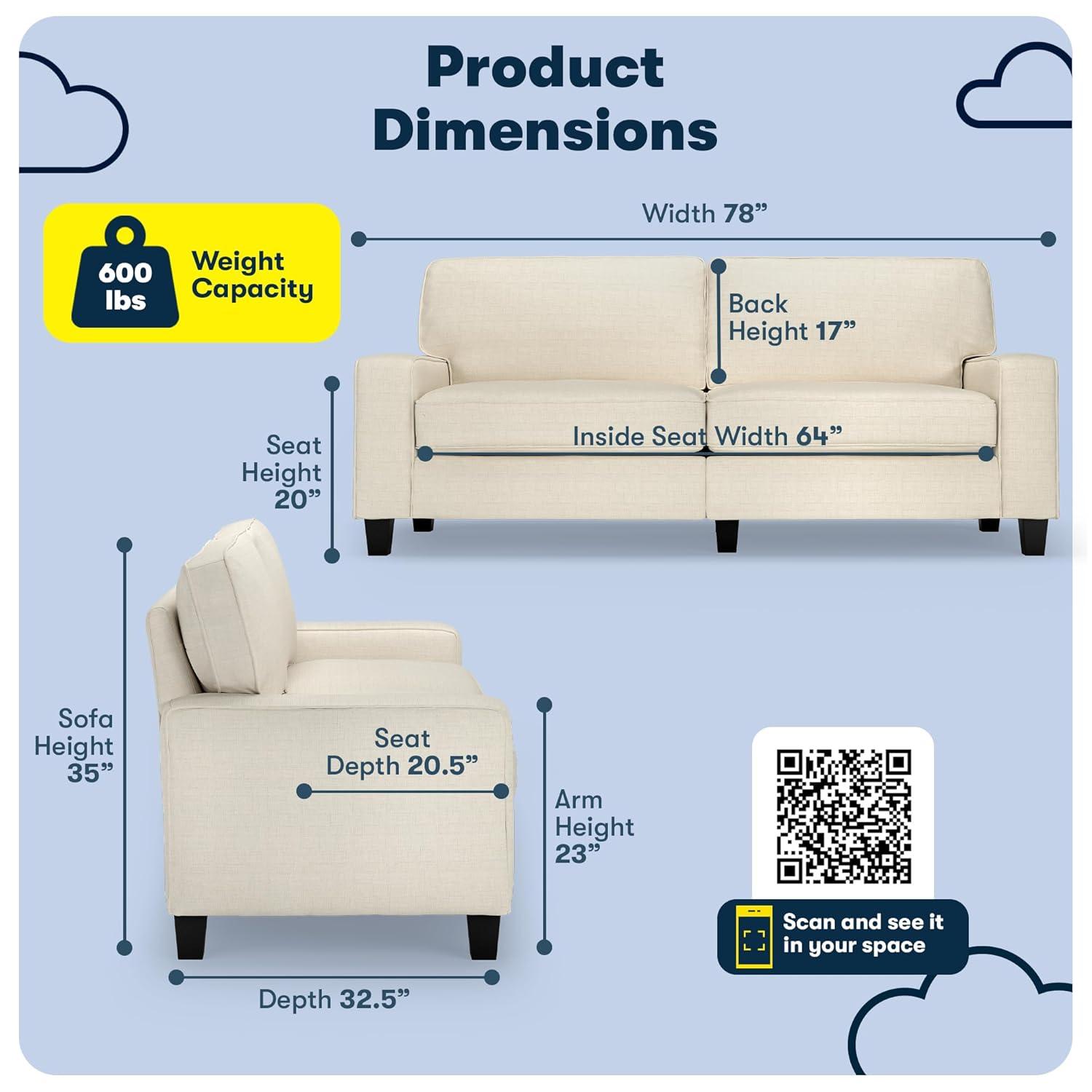 Serta Palisades 78" Track Arm Sofa, Easy Care Fabric, Soft Pillow Back, Pocket Coil Seat Cushions