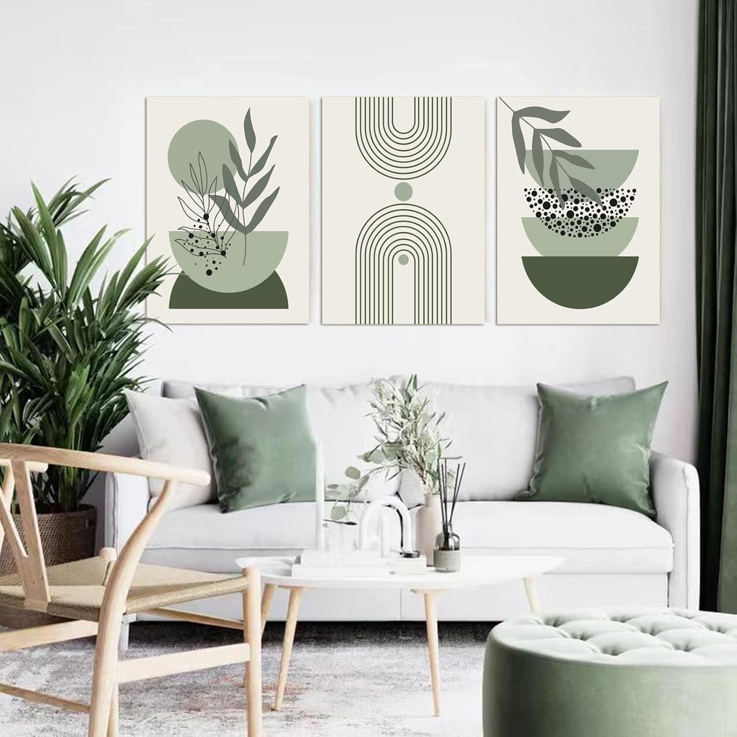 Sage Green Boho Wall Art Set of 3, Minimalist Framed Wall Art Geometric Line Leaf Sun Moon Beige Green Canvas Artwork Paintings, Abstract Botanical Boho Room Decor, Sage Green Wall Posters 12"x16"