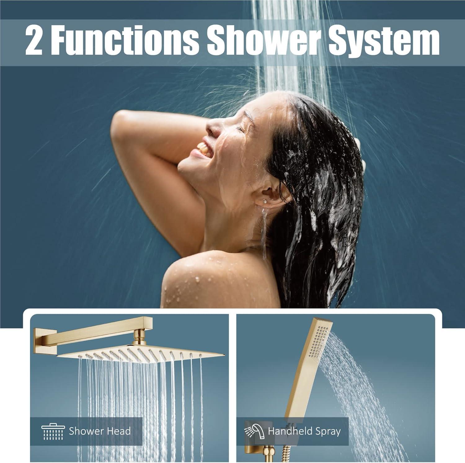 Shower system, 12" (approx. 30.5 cm) rain shower head and handheld spray bathroom shower unit with brass valve and wall trim kit Gold