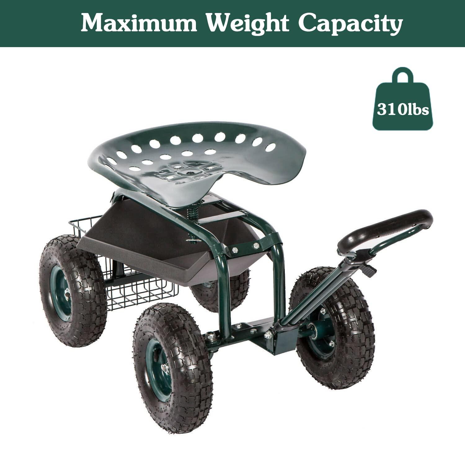 Rolling Garden Cart Scooter Stool - Garden Seat with Wheels Garden Cart with Seat, Adjustable Handle 360 Degree Swivel (Green)