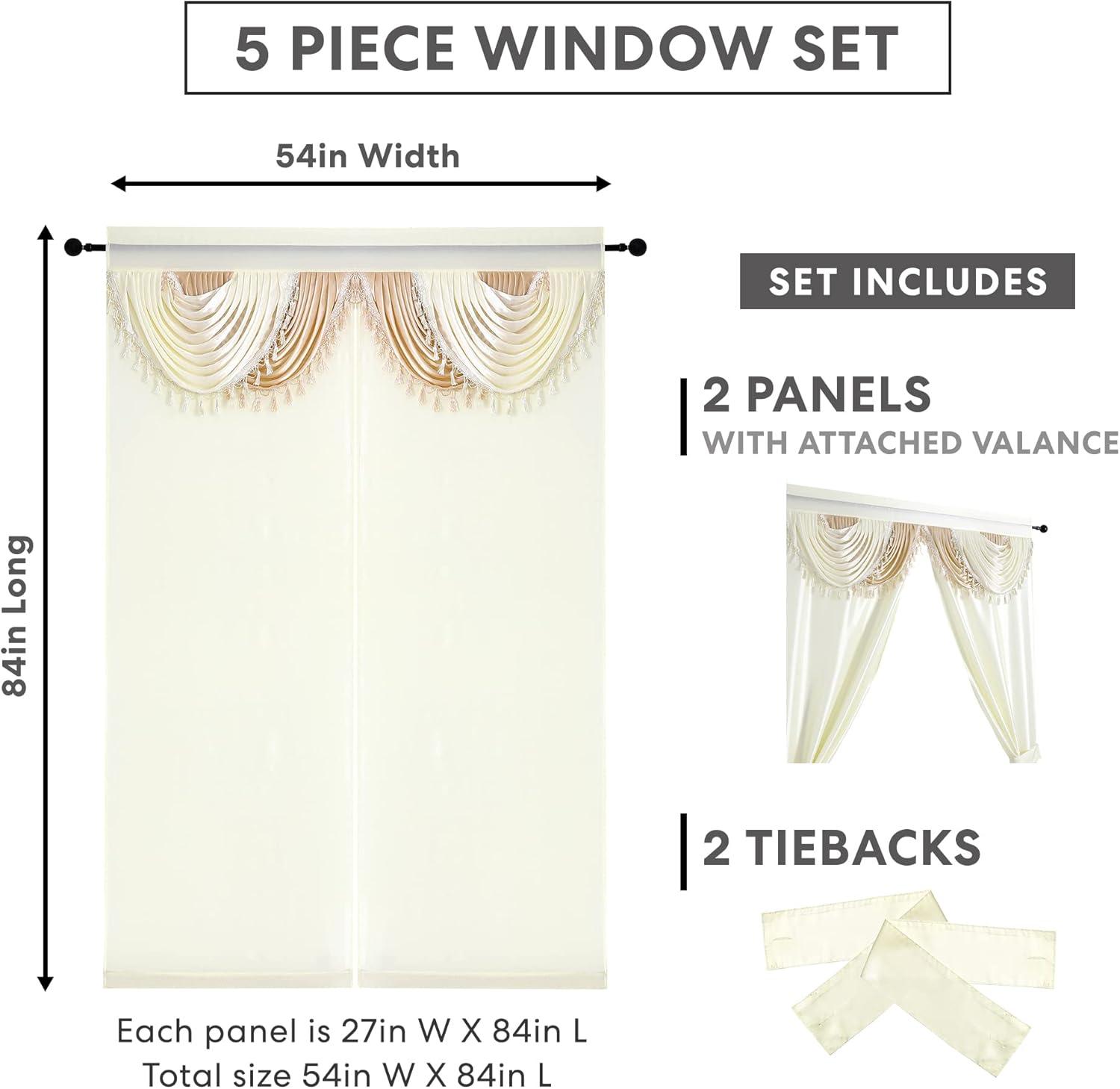 Regal Home Collections Amore Curtains 5-Piece Window Curtain Set - 54-Inch W x63-Inch L Panels with Attached Valance and 2 Tiebacks (Beige)