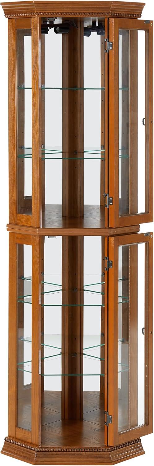 Lighted Curio Cabinet Wooden Corner Display Cabinet with Adjustable Tempered Glass Shelves Vintage Accent Storage Cabinet with Mirrored Back & Tempered Glass Doors, Oak