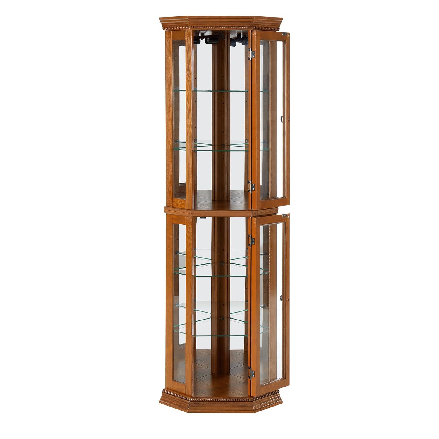 Lighted Curio Cabinet Wooden Corner Display Cabinet with Adjustable Tempered Glass Shelves Vintage Accent Storage Cabinet with Mirrored Back & Tempered Glass Doors, Oak