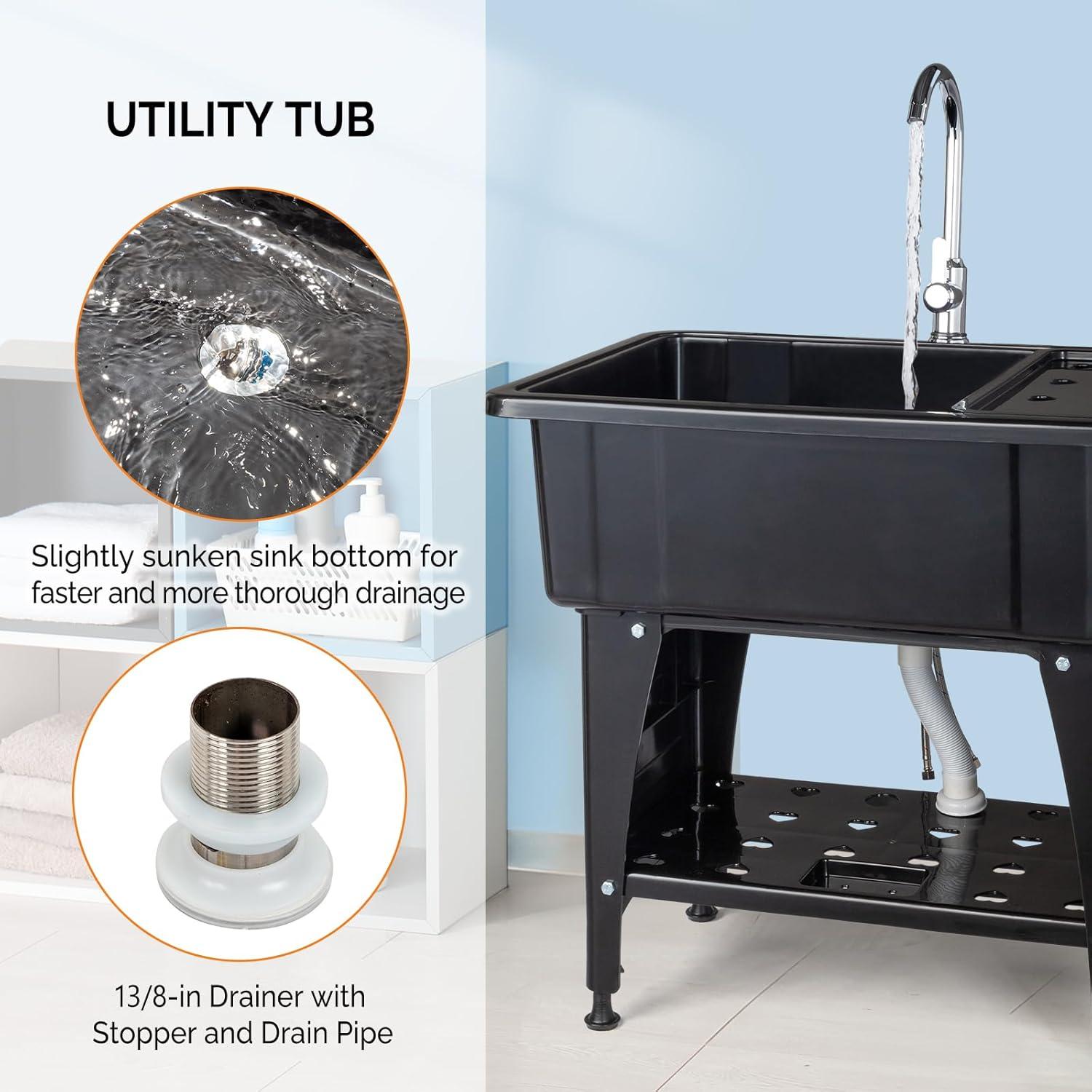 Utility Washing Room Sink Laundry Tub with Faucet & Shelf & Drainboard