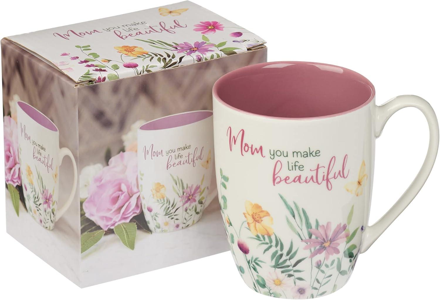 Special Coffee Mug for Mothers, Mom You Make Life Beautiful Purple Wildflowers Inspirational Coffee/Tea Cup for Her Birthday, Mother's Day, 12oz Ceramic, With Love