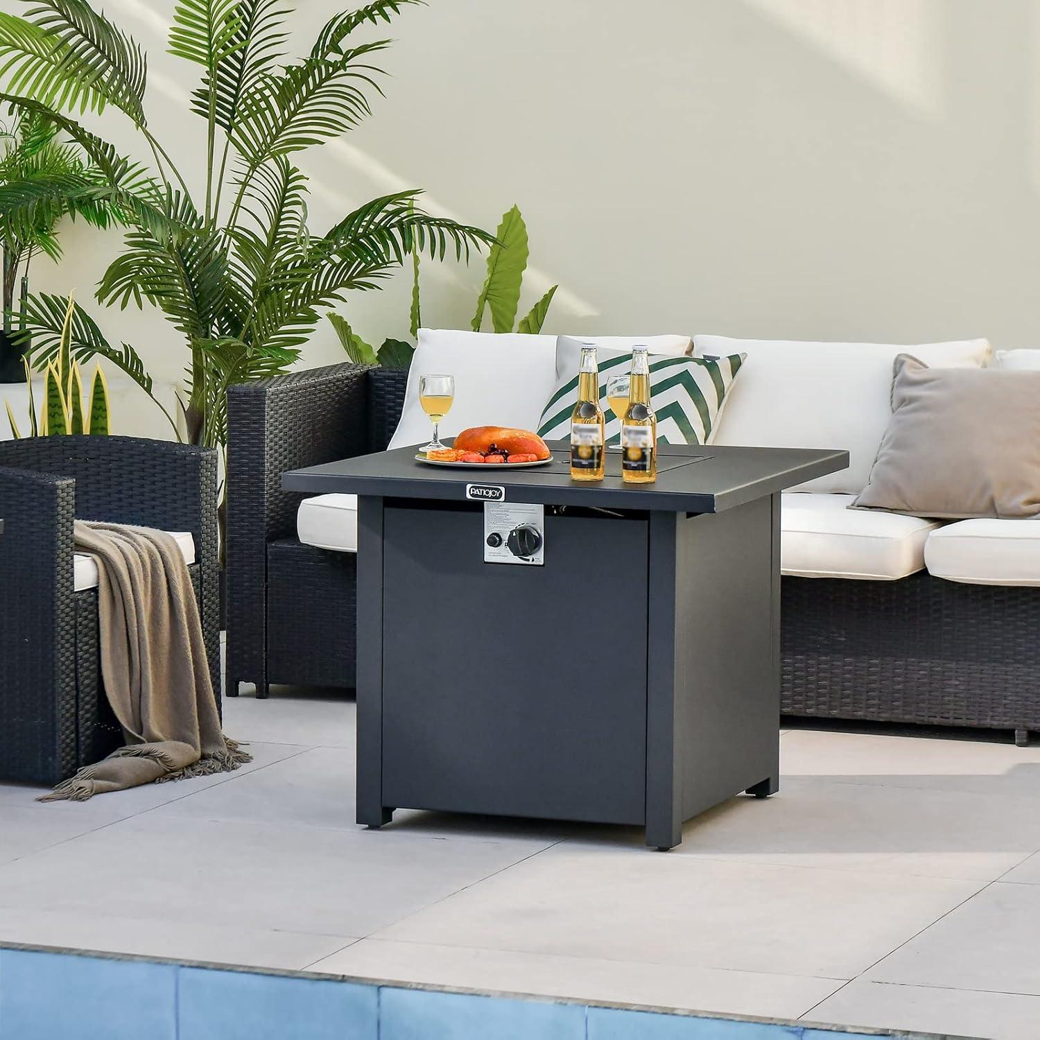 Tangkula 32 Inch Patio Propane Gas Fire Table 50,000 BTU Square Fire Pit Table w/ Clear Glass Rocks & PVC Protective Cover