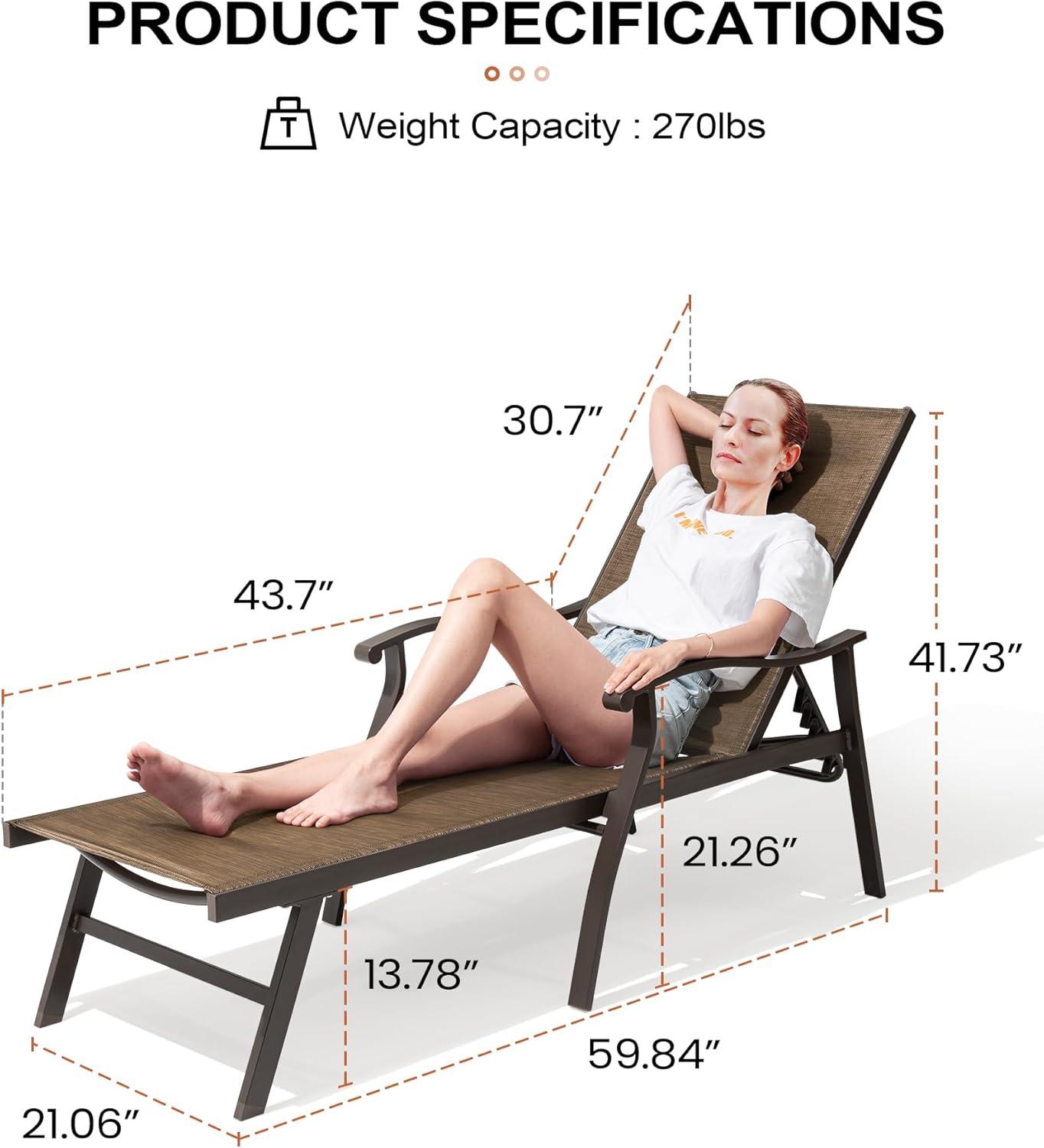 Outdoor Aluminum Adjustable Chaise Lounge Chair with Arms - Brown - Crestlive Products