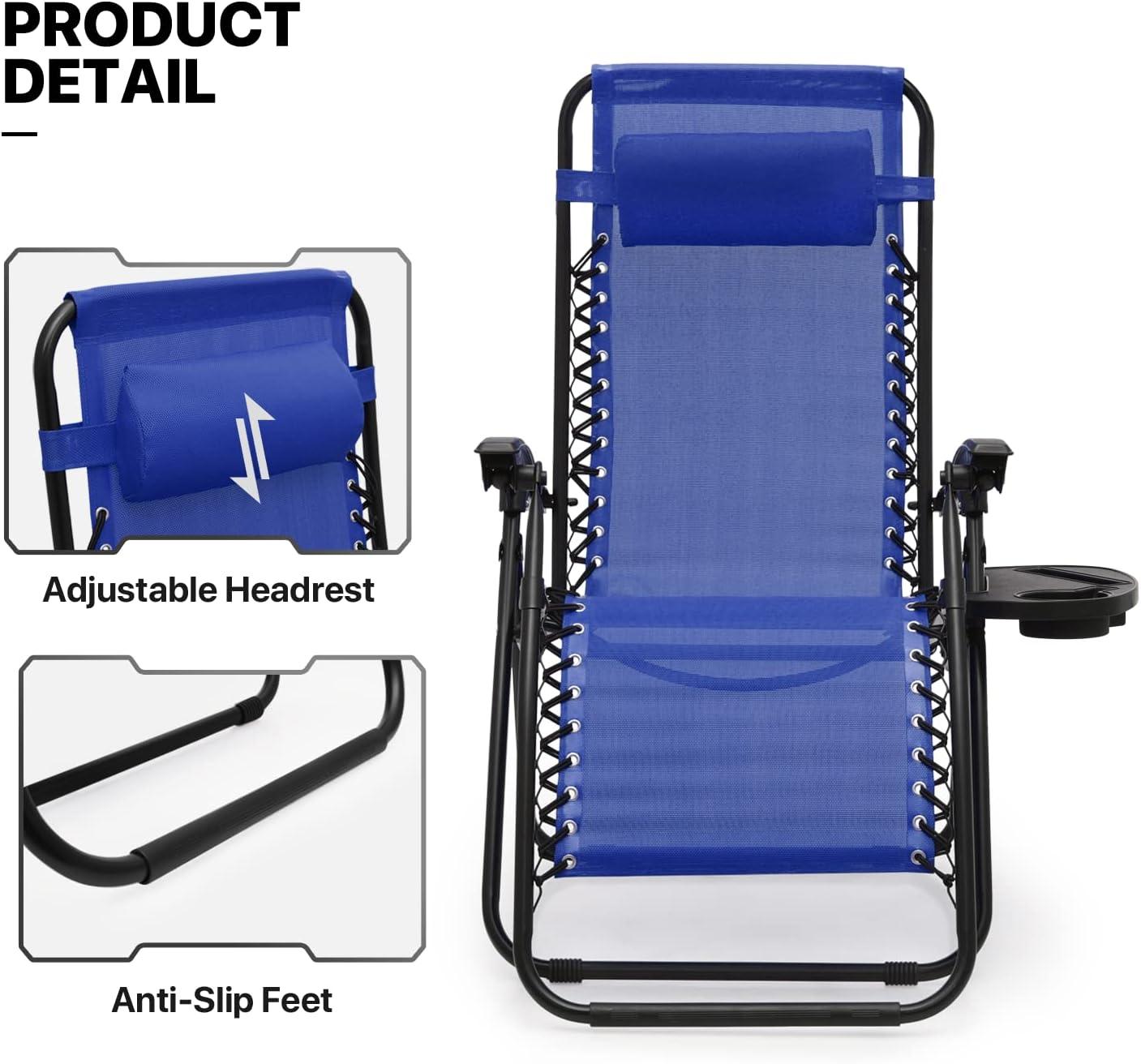 MoNiBloom Lounge Beach Chairs Set of 3 for Outside, Zero Gravity Camping Chairs with Side Table, Pillow and Tray, Blue