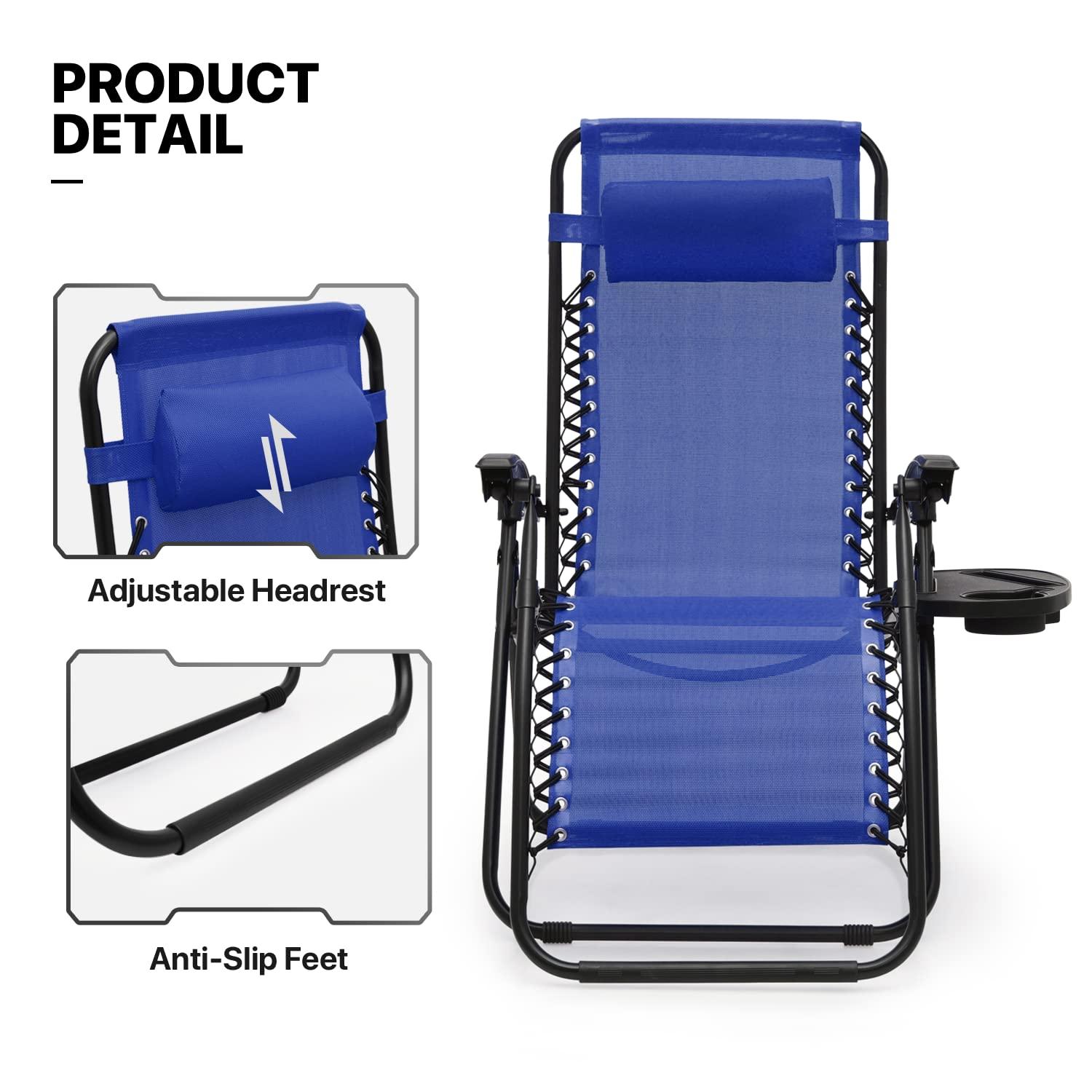 MoNiBloom Lounge Beach Chairs Set of 3 for Outside, Zero Gravity Camping Chairs with Side Table, Pillow and Tray, Blue