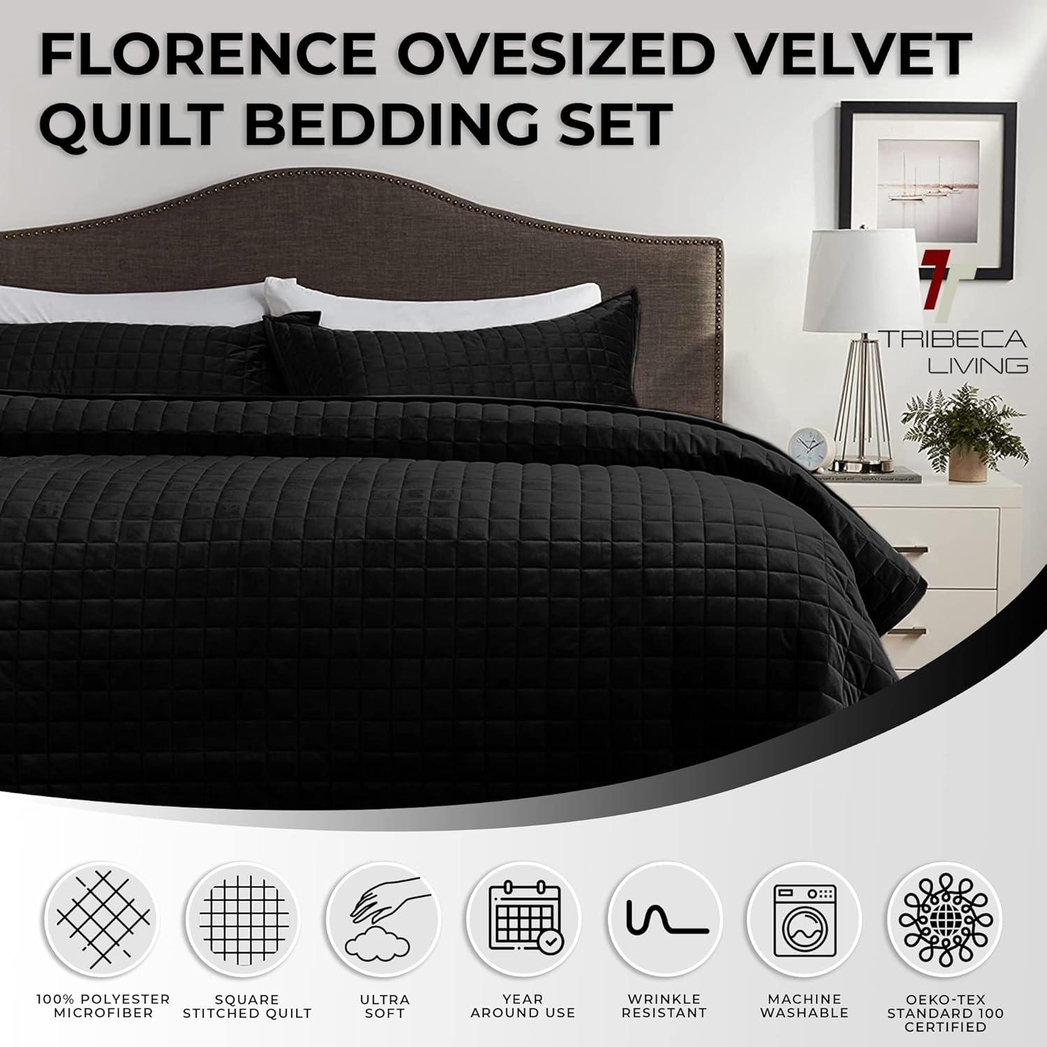 3pc King Florence Velvet Oversized Quilt Set Black  - Tribeca Living