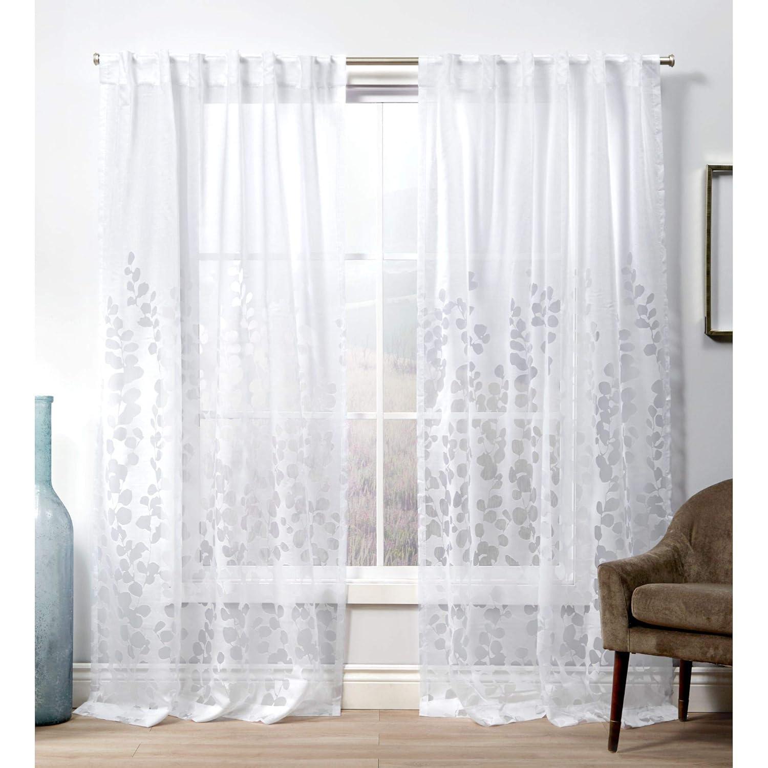 96"x54" Wilshire Back Tab Sheer Window Curtain Panels White - Exclusive Home: Polyester, Botanical Pattern, 2 Panels