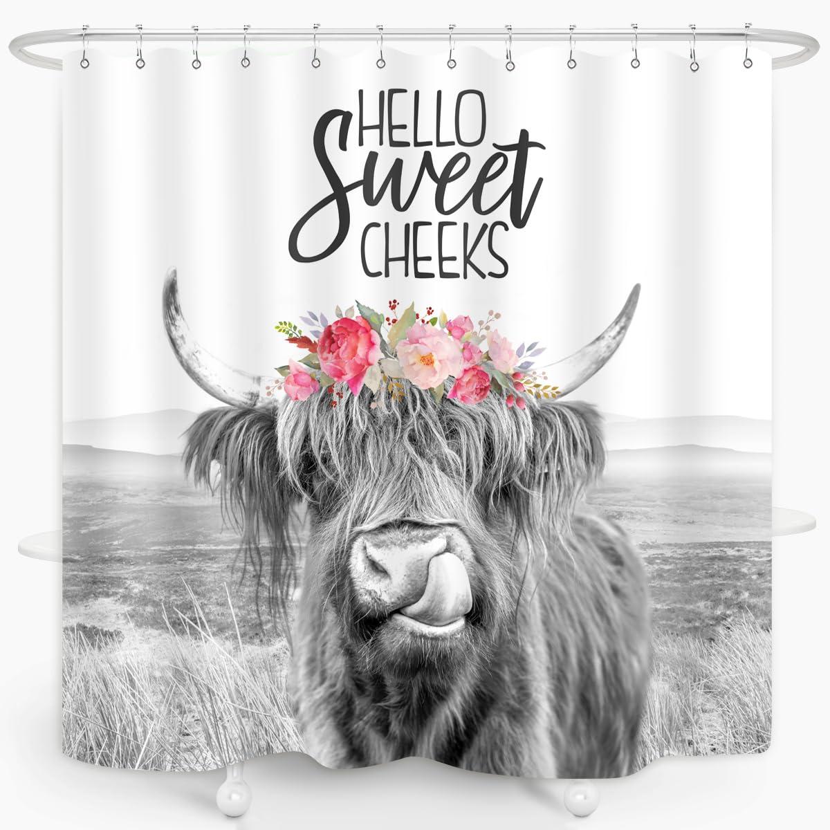 Farmhouse Highland Cow Shower Curtain Wildlife Bull Cattle Western Farm Grassland Vintage Rustic Animal Country Home Bathroom Decor Waterproof Fabric 72Lx72W Inch with Plastic 12PCS Hooks