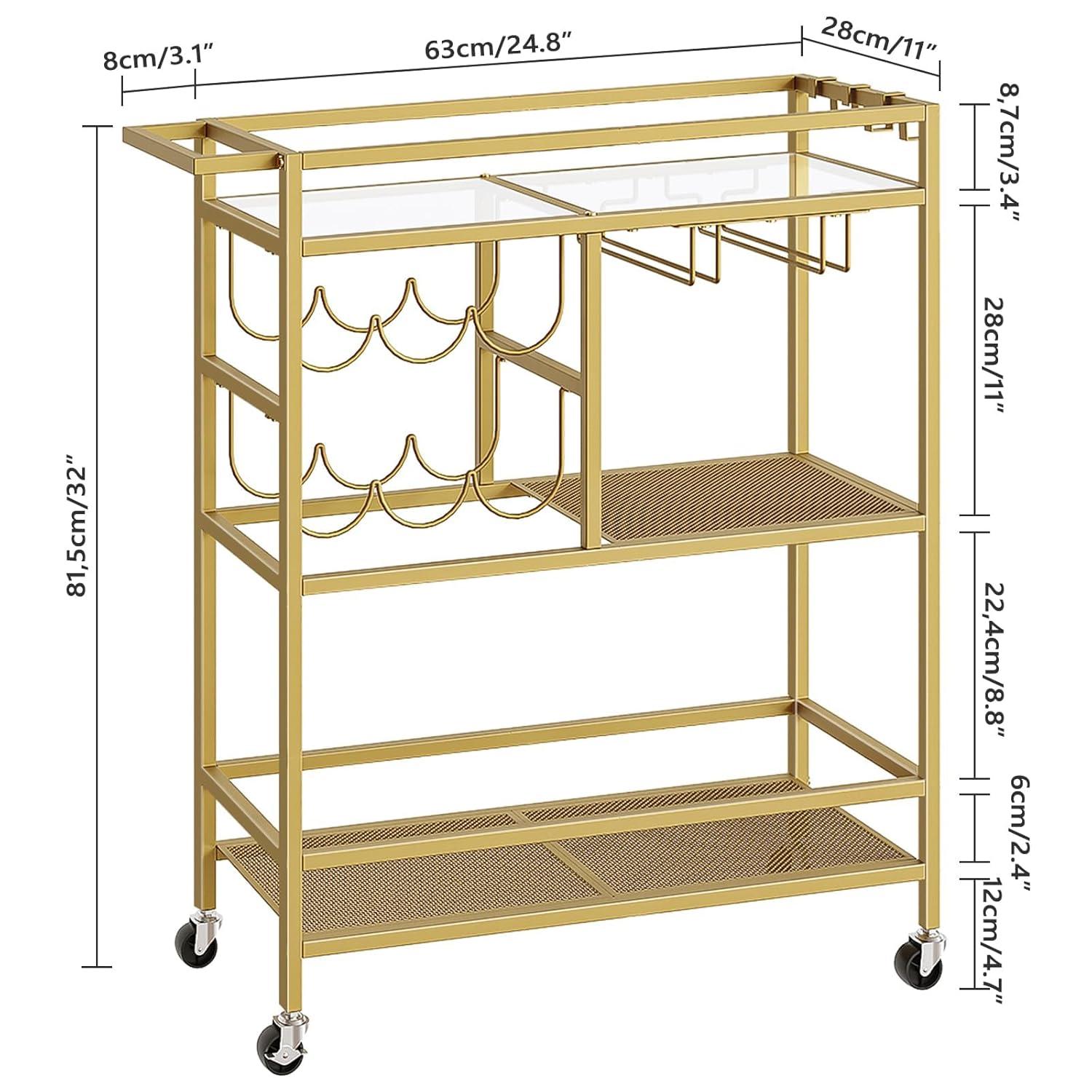 Bar Cart for Home, 3-Tier Serving Cart with Wheels and Handle, Beverage Cart with Wine Rack and Glass Holders, Rolling Wine Cart for Kitchen, Dining Room, Gold RCJ61B01