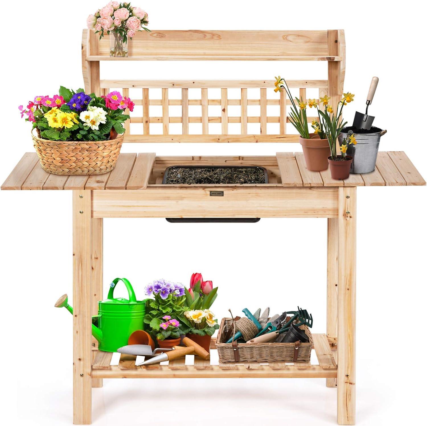Costway Garden Potting Bench Workstation Table w/Sliding Tabletop Sink Shelves